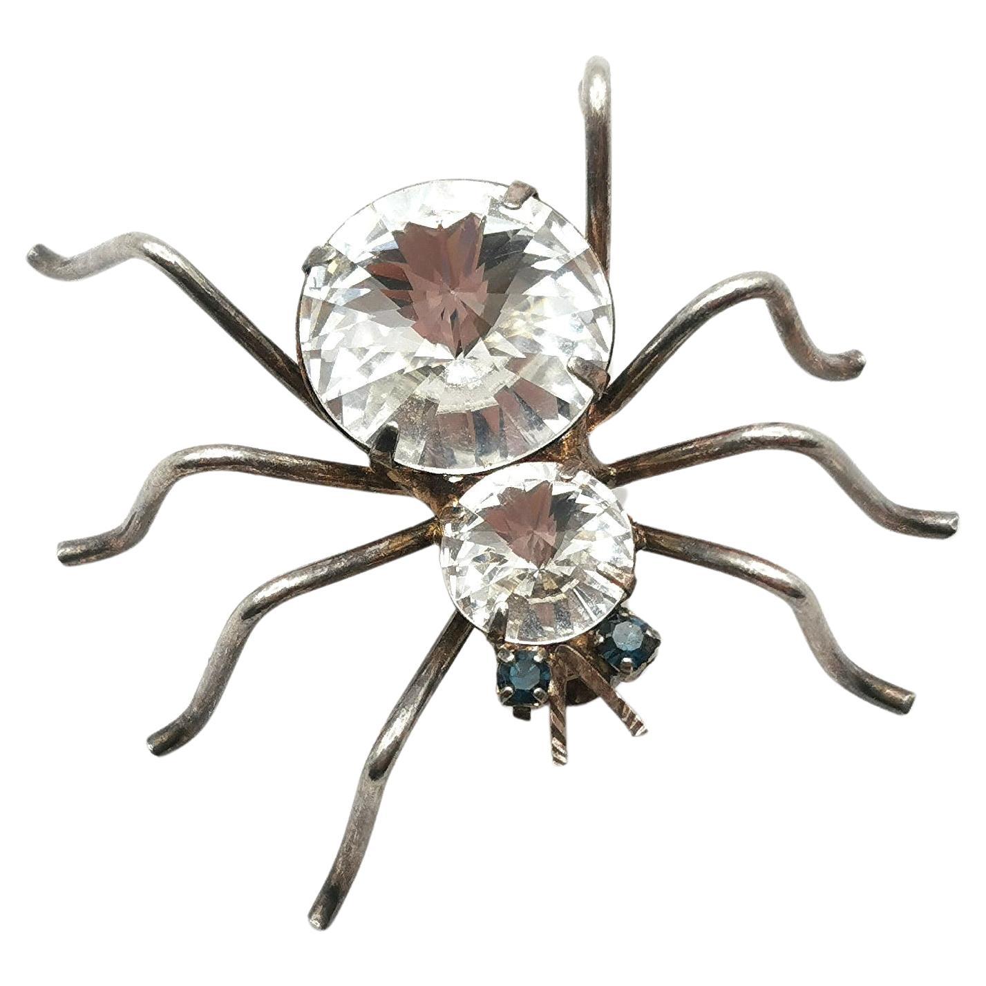 Vintage spider brooch Silver tone clear paste