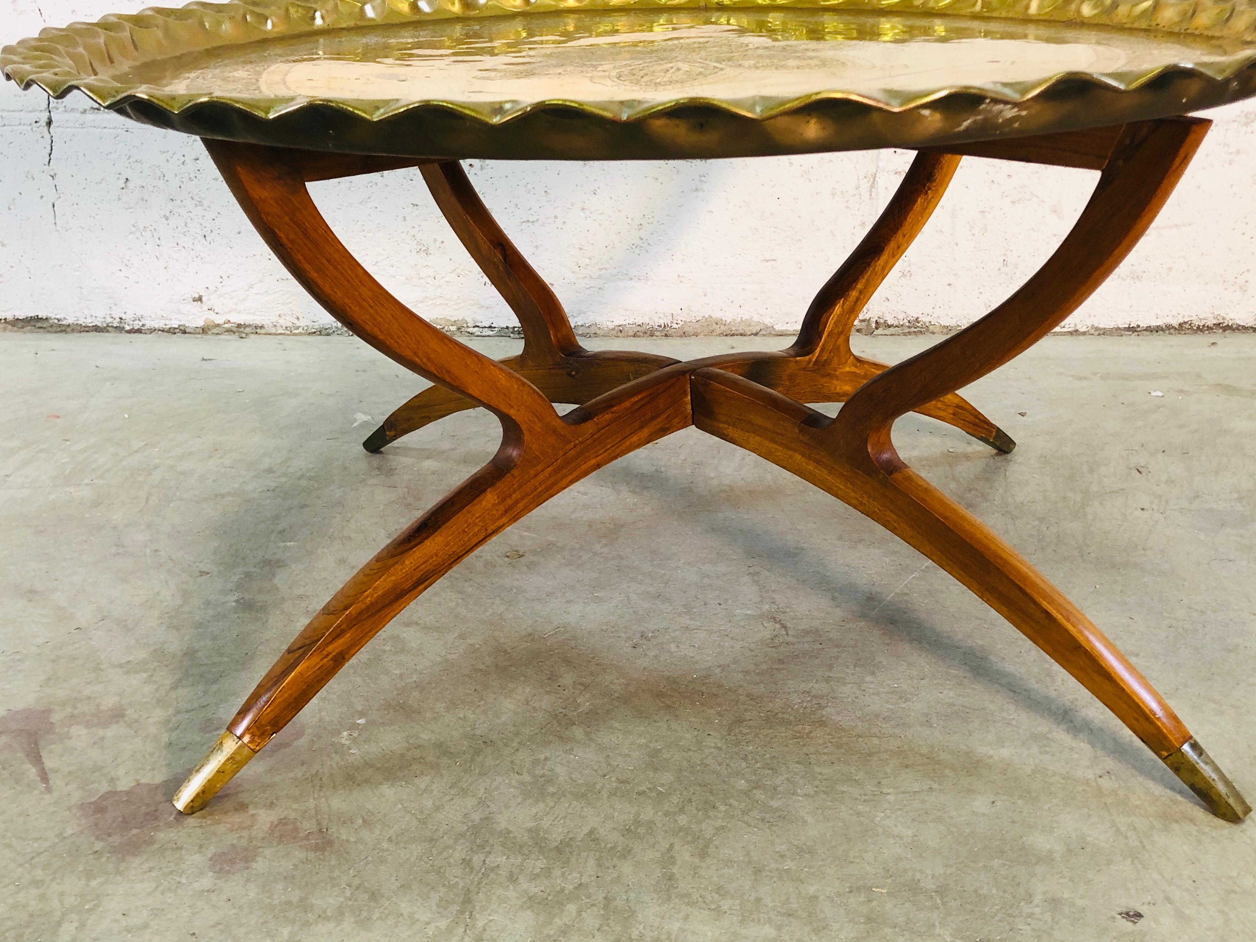 Mid-Century Modern Vintage Spider Leg Coffee Table with Moroccan Brass Tray