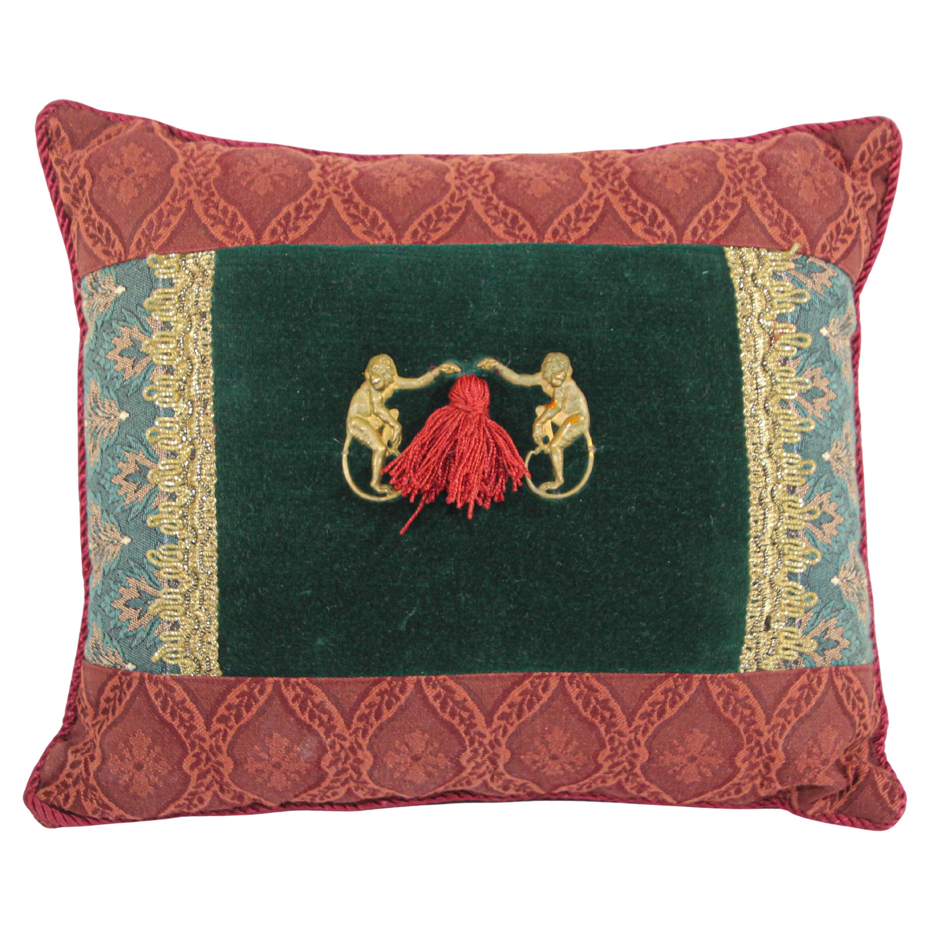 Vintage Spider Monkeys Red and Green Throw Pillow