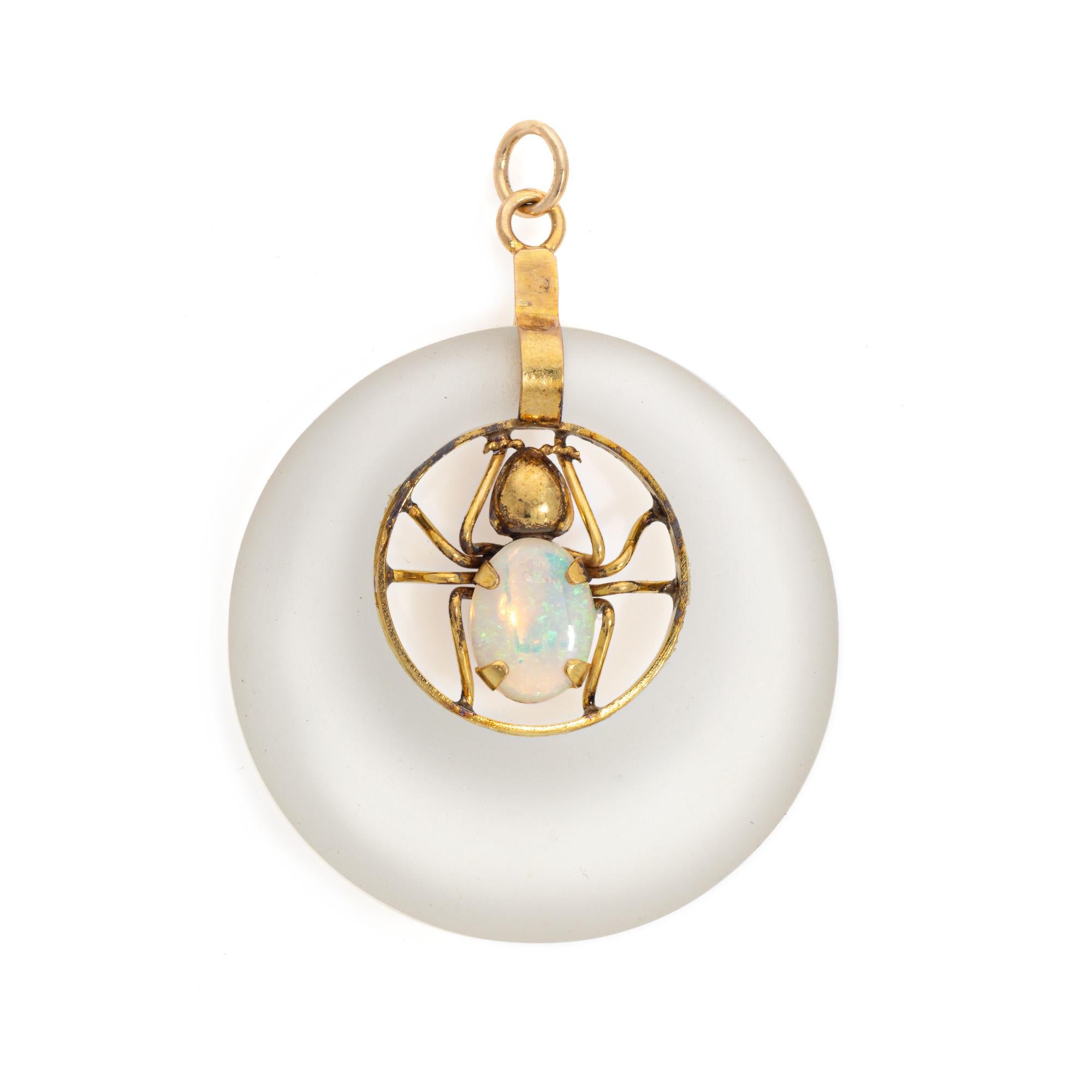 Modern Vintage Spider Pendant Opal Camphor Glass 14k Yellow Gold Estate Fine Jewelry For Sale