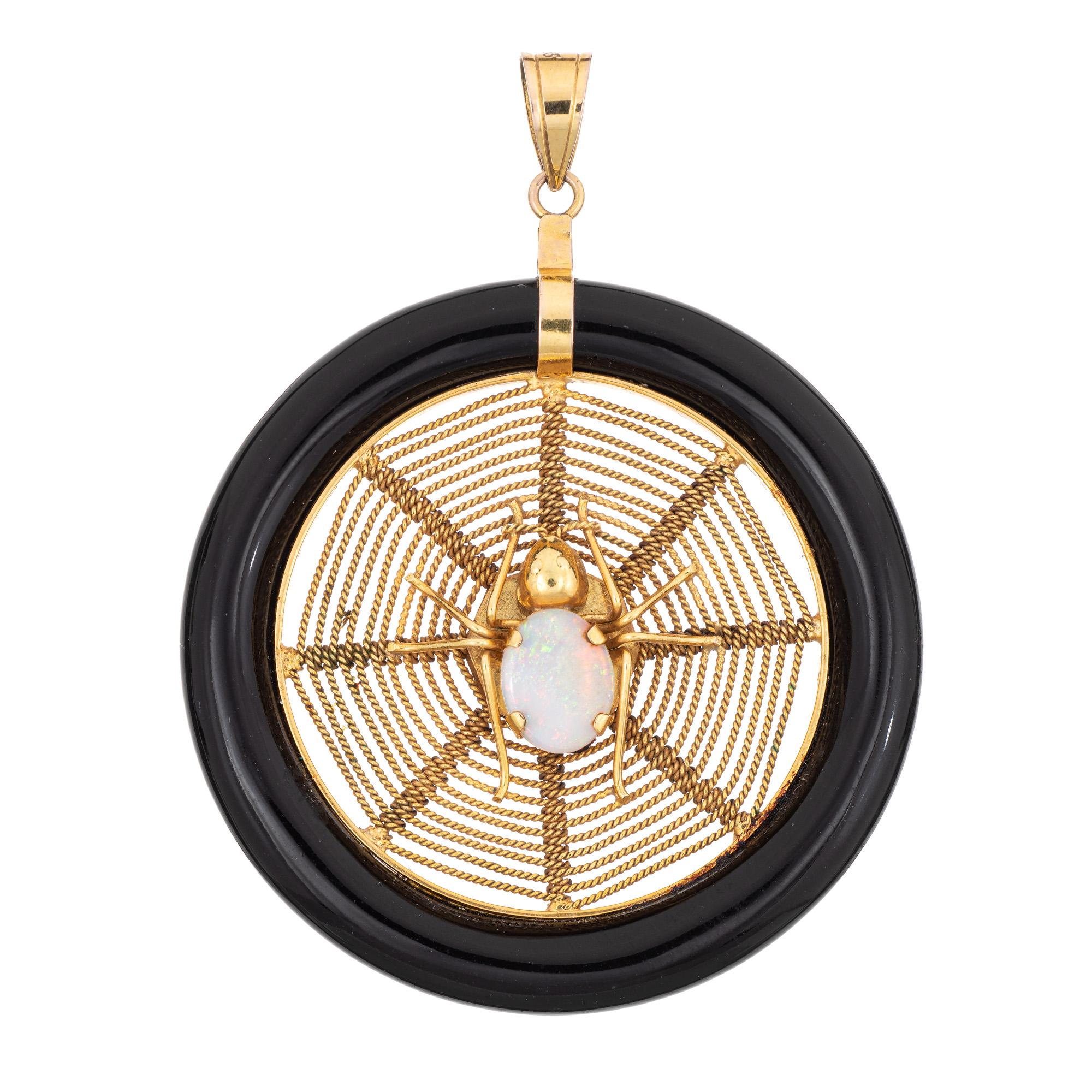 Modern Vintage Spider Web Pendant Opal 14k Yellow Gold Large Onyx Fine Jewelry  For Sale