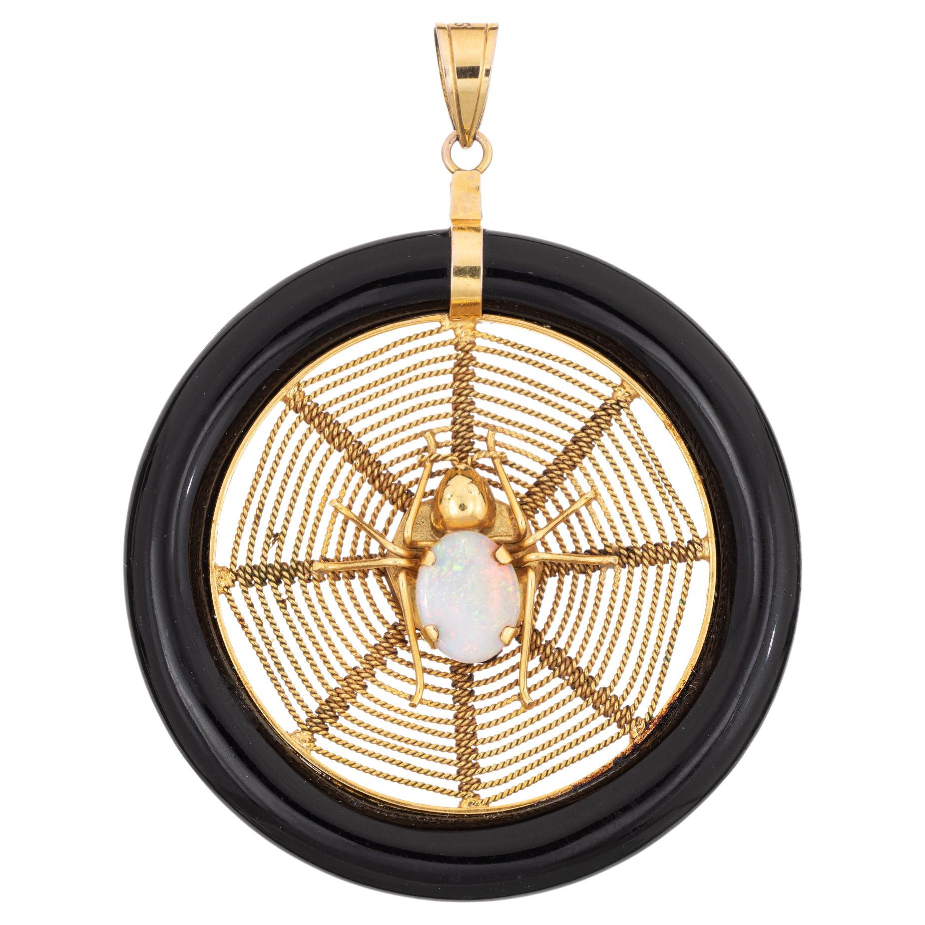 Vintage Spider Web Pendant Opal 14k Yellow Gold Large Onyx Fine Jewelry