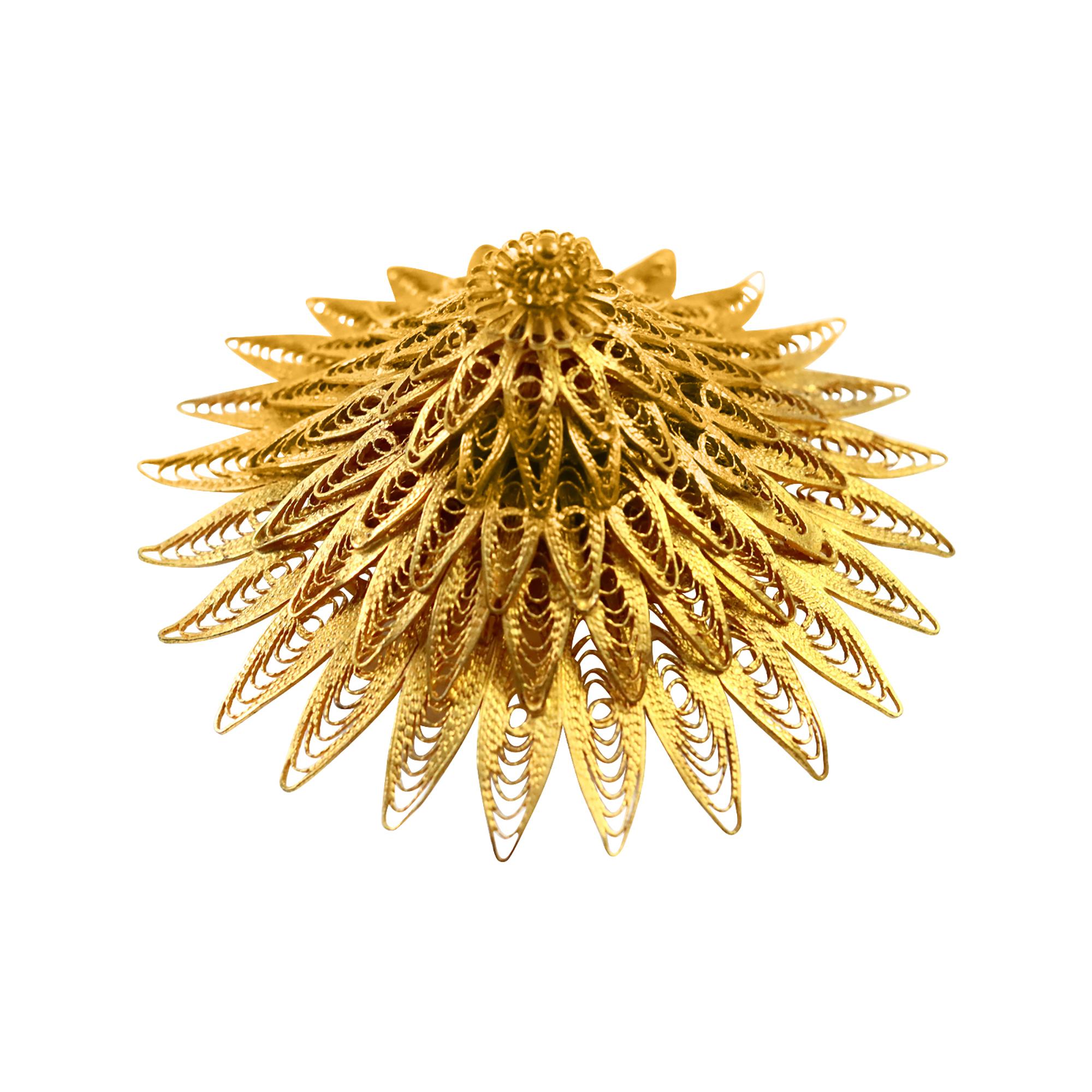 Vintage Spiky Gold Filigree Brooch, Choker or Pendant Circa 1940s.  A very unusual piece, as it features three different mechanisms on the back: a brooch, a pendant, and a loop for a ribbon to be worn as a choker.  It measures 1.75 inches in height,