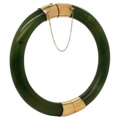 Vintage Spinach Jade & 14 Karat Gold Hinged Chinese Bangle or Bracelet
