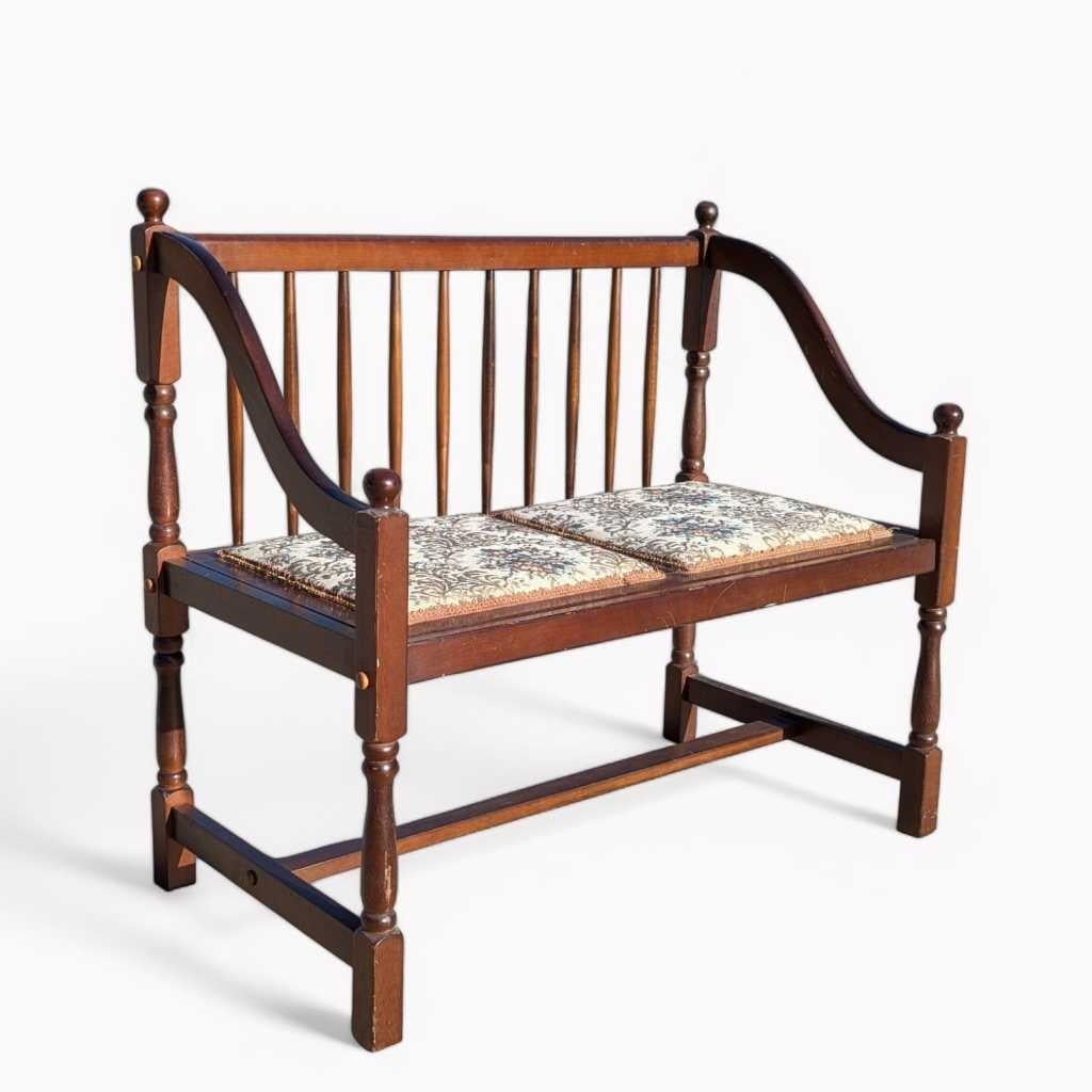 American Vintage Spindle Back Settee, Floral Upholstered Bench, c. 1970s USA For Sale