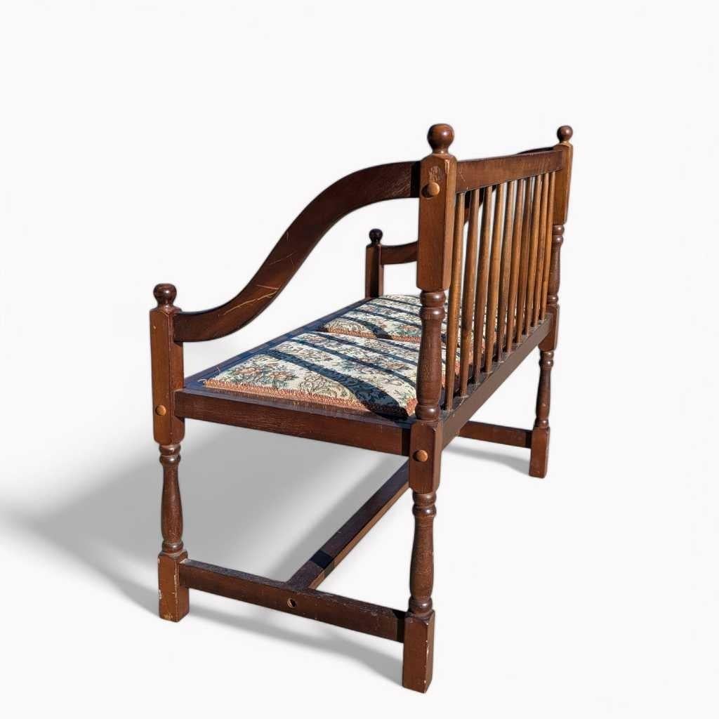 Turned Vintage Spindle Back Settee, Floral Upholstered Bench, c. 1970s USA For Sale