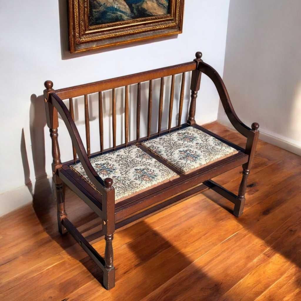 Upholstery Vintage Spindle Back Settee, Floral Upholstered Bench, c. 1970s USA For Sale