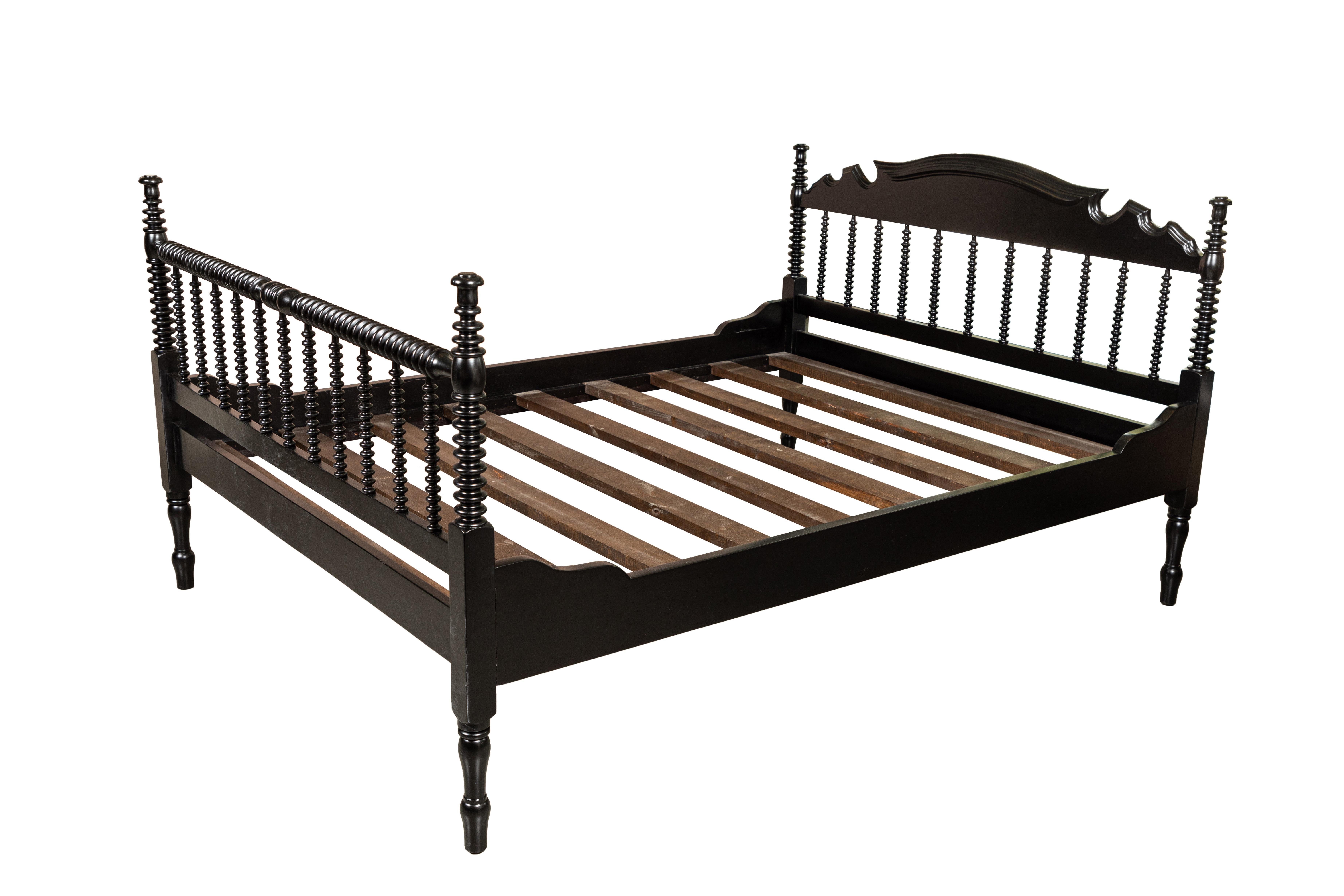 Vintage spindle bed with footboard, newly painted black Queen, designed from a 1930s bed.