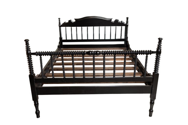 Vintage Spindle Bed with Footboard, Newly Painted Black Q For Sale at