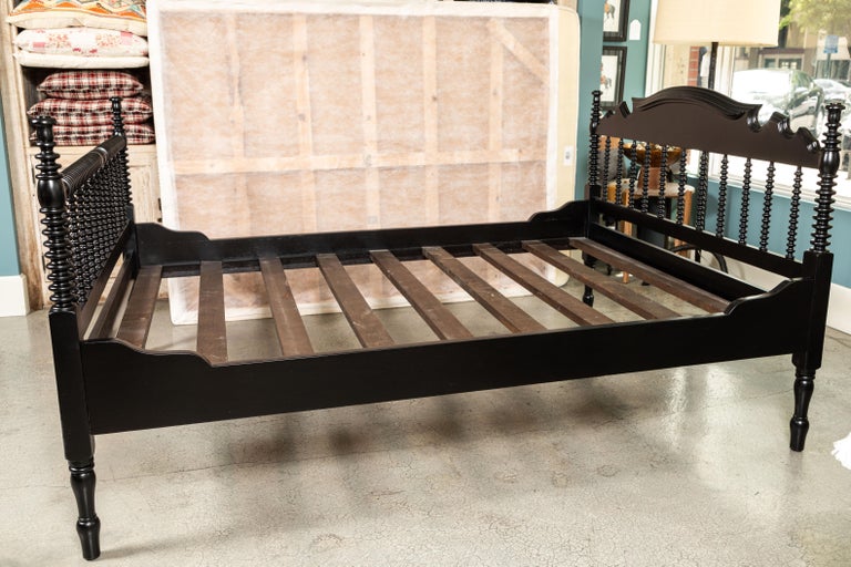 Vintage Spindle Bed with Footboard, Newly Painted Black Q For Sale at