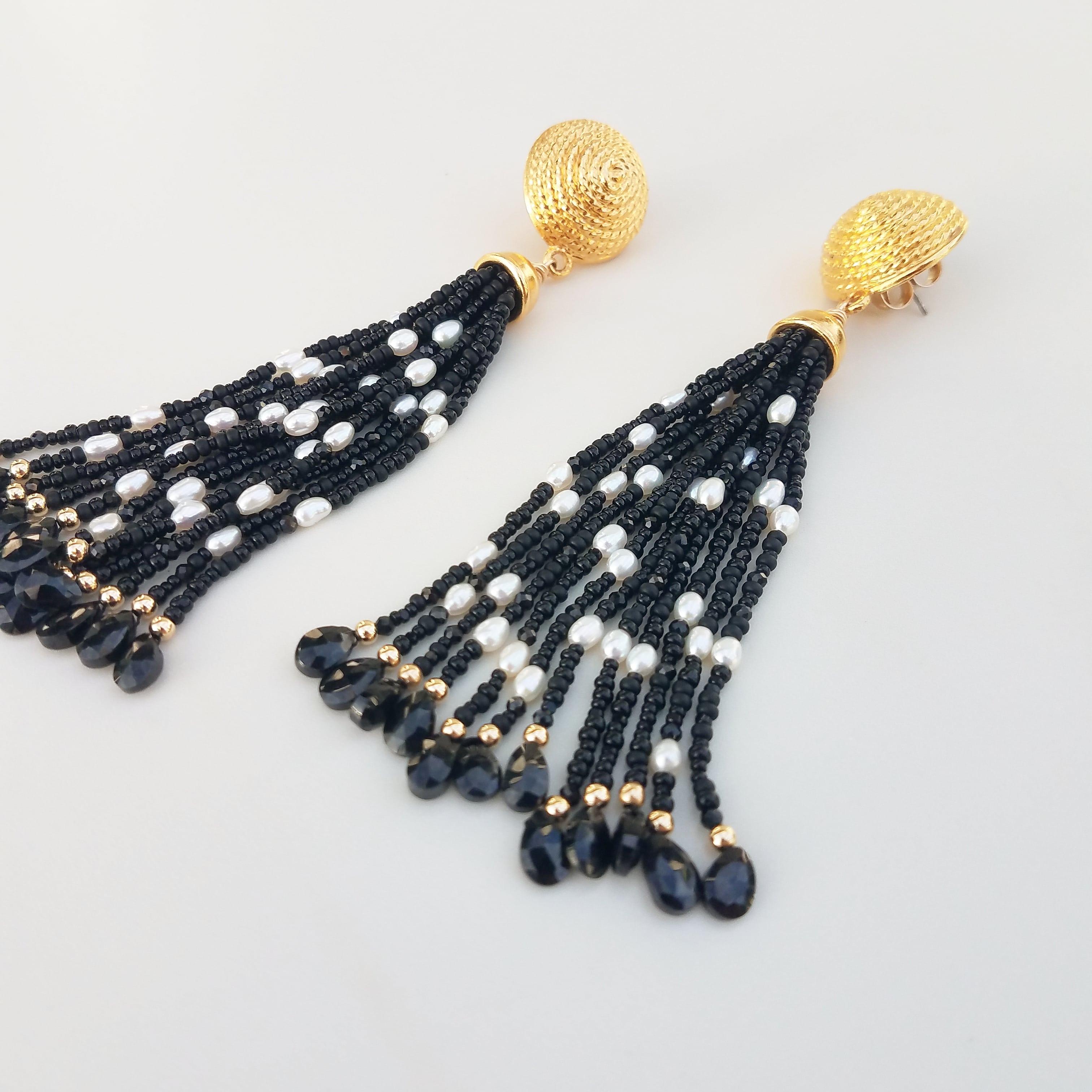 Artisan Vintage Spinel and Pearl Tassel Earrings For Sale
