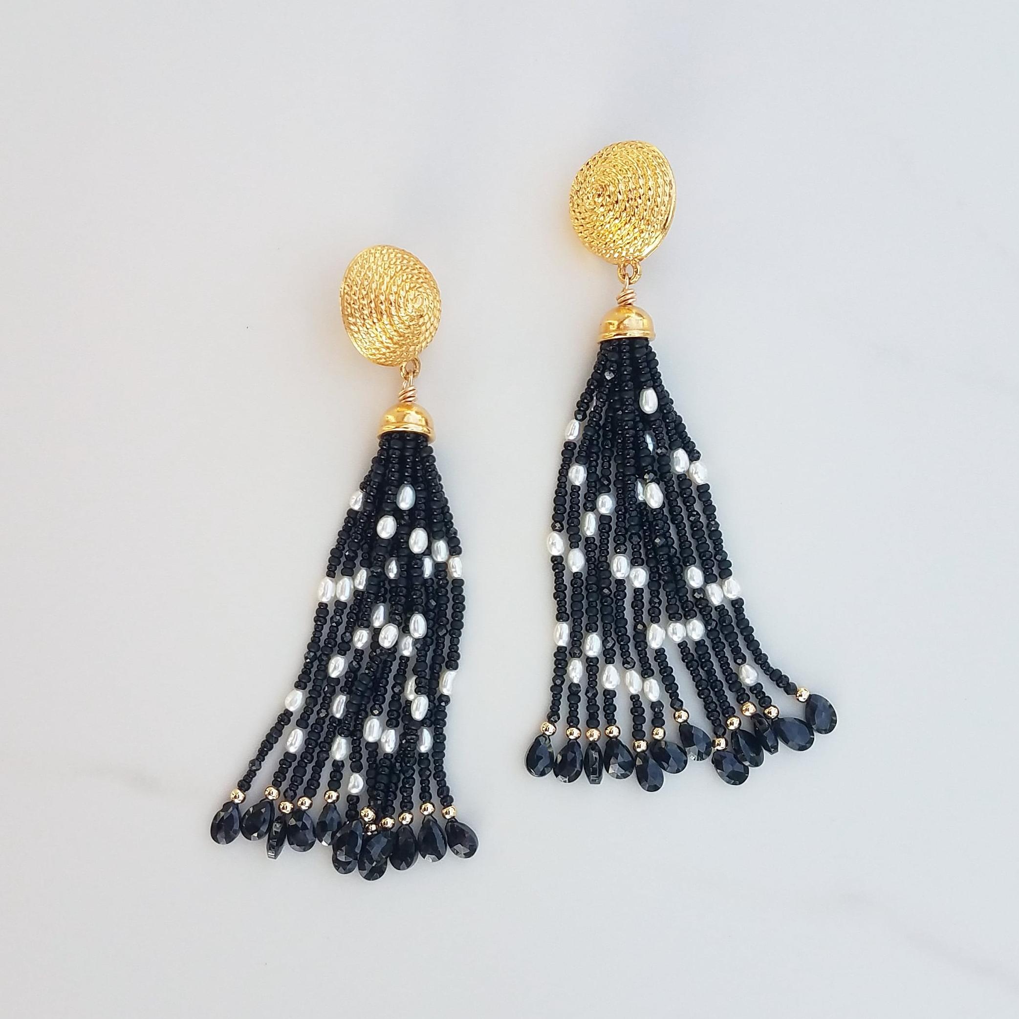 Bead Vintage Spinel and Pearl Tassel Earrings For Sale