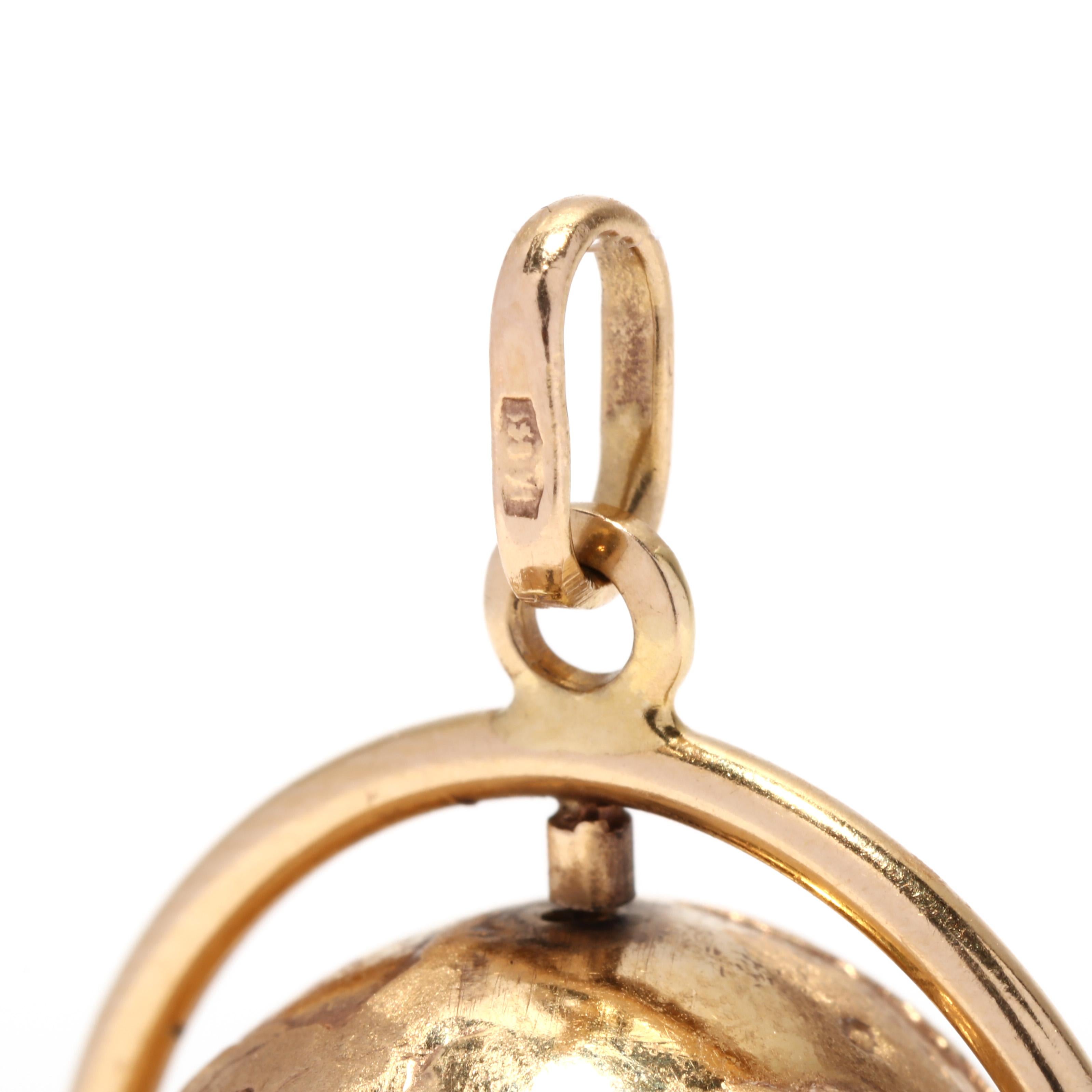 Vintage Spinning Globe Charm, 18K Yellow Gold, Large World In Good Condition In McLeansville, NC