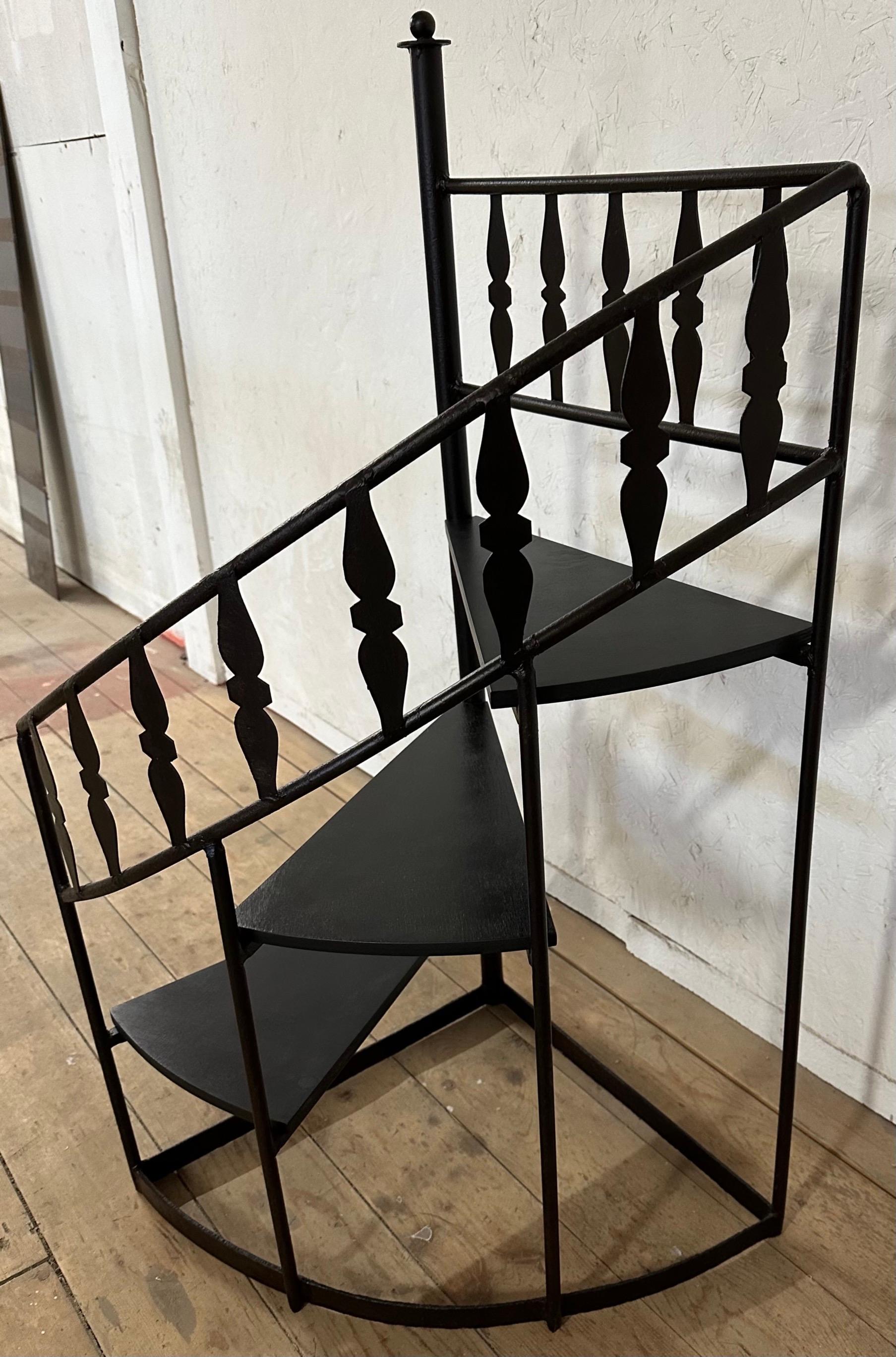 Midcentury Italian three steps wooden spiral steps with metal hand railing and top supporting metal guard rail with rising post and finial. Use this vintage staircase to organize books in your office or library, as well as in any other room that