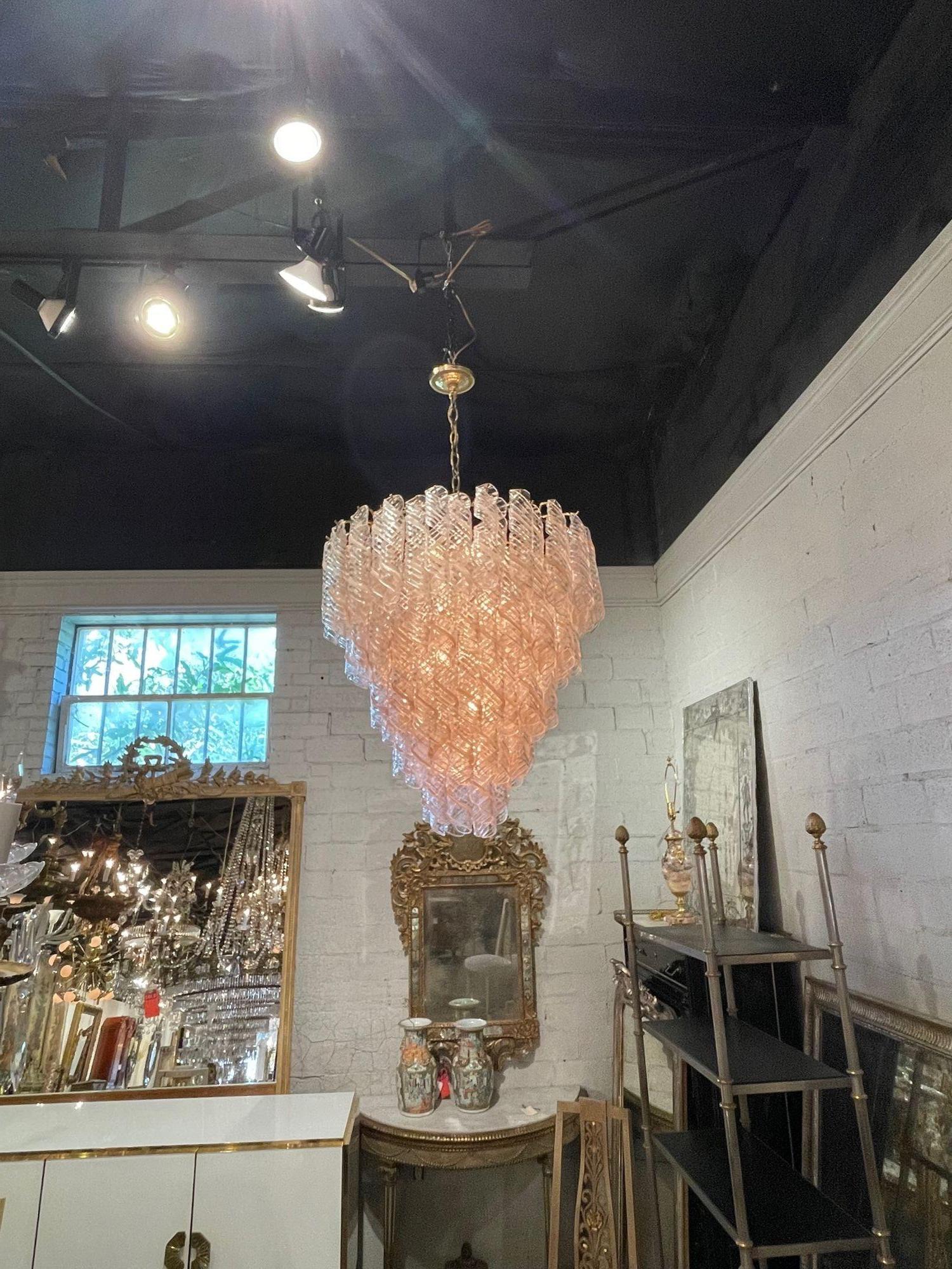 Italian Vintage Spiral Blush Colored Murano Glass Chandelier For Sale