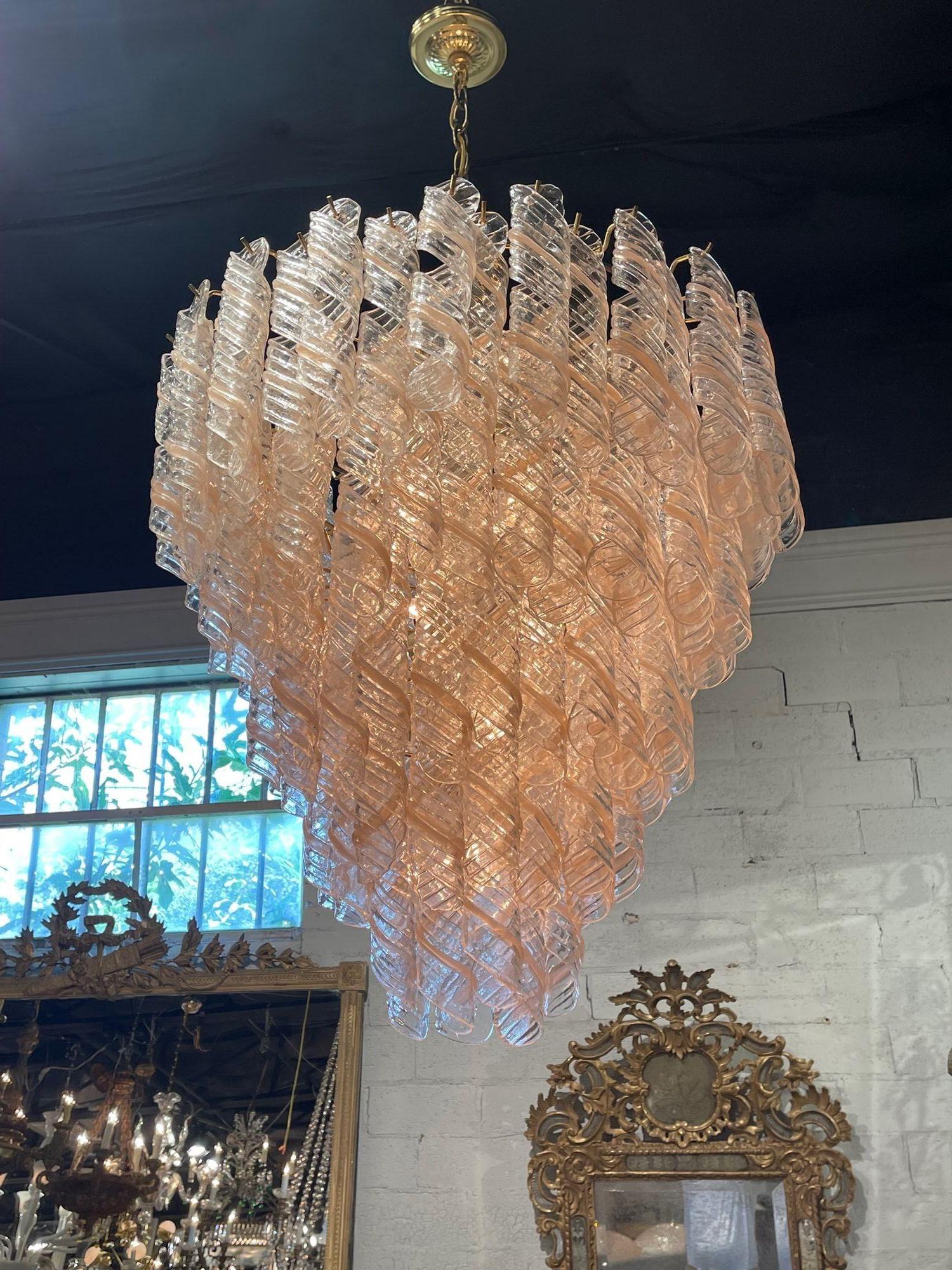 Vintage Spiral Blush Colored Murano Glass Chandelier In Good Condition For Sale In Dallas, TX