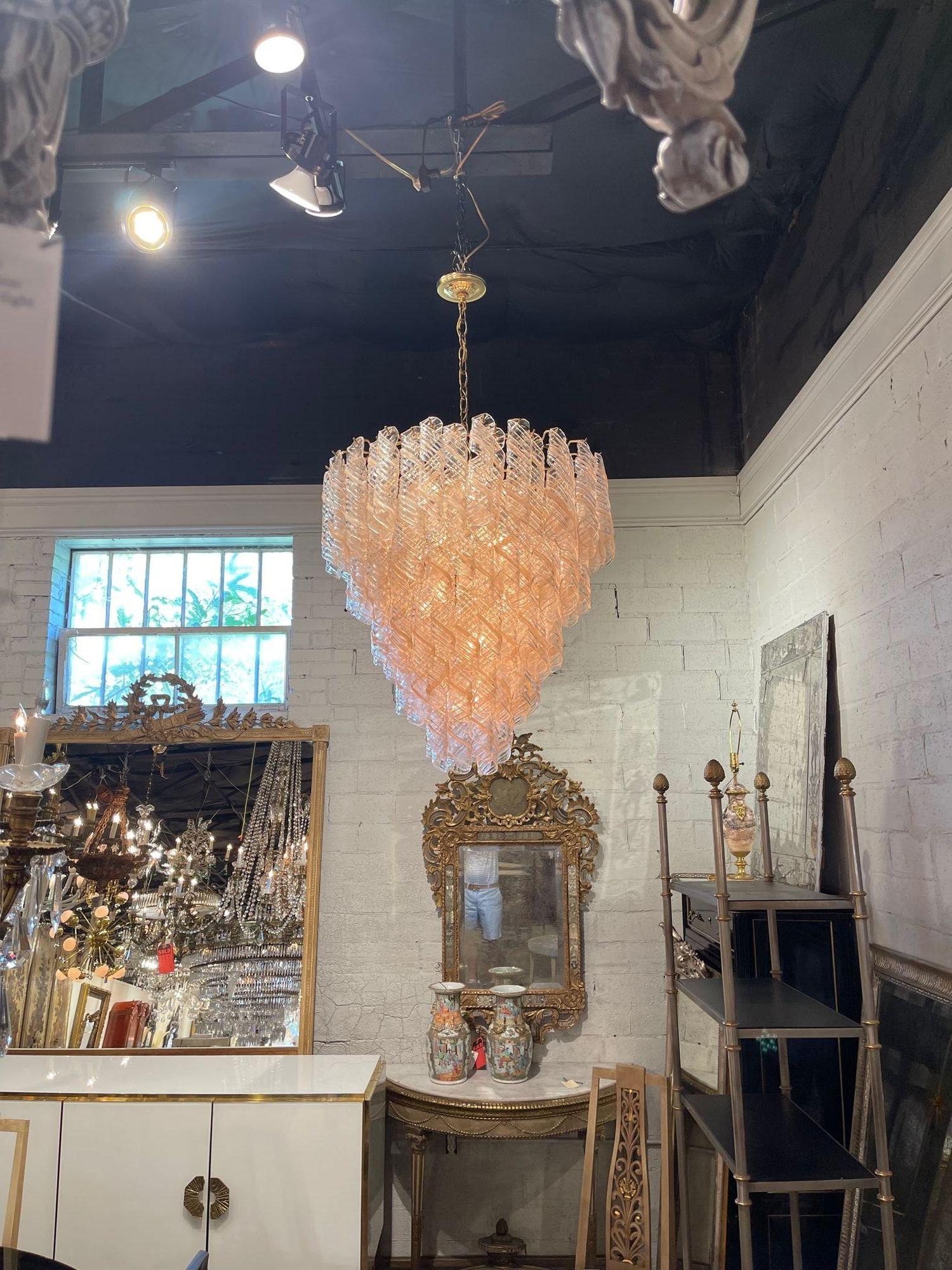 Vintage Spiral Blush Colored Murano Glass Chandelier For Sale 1