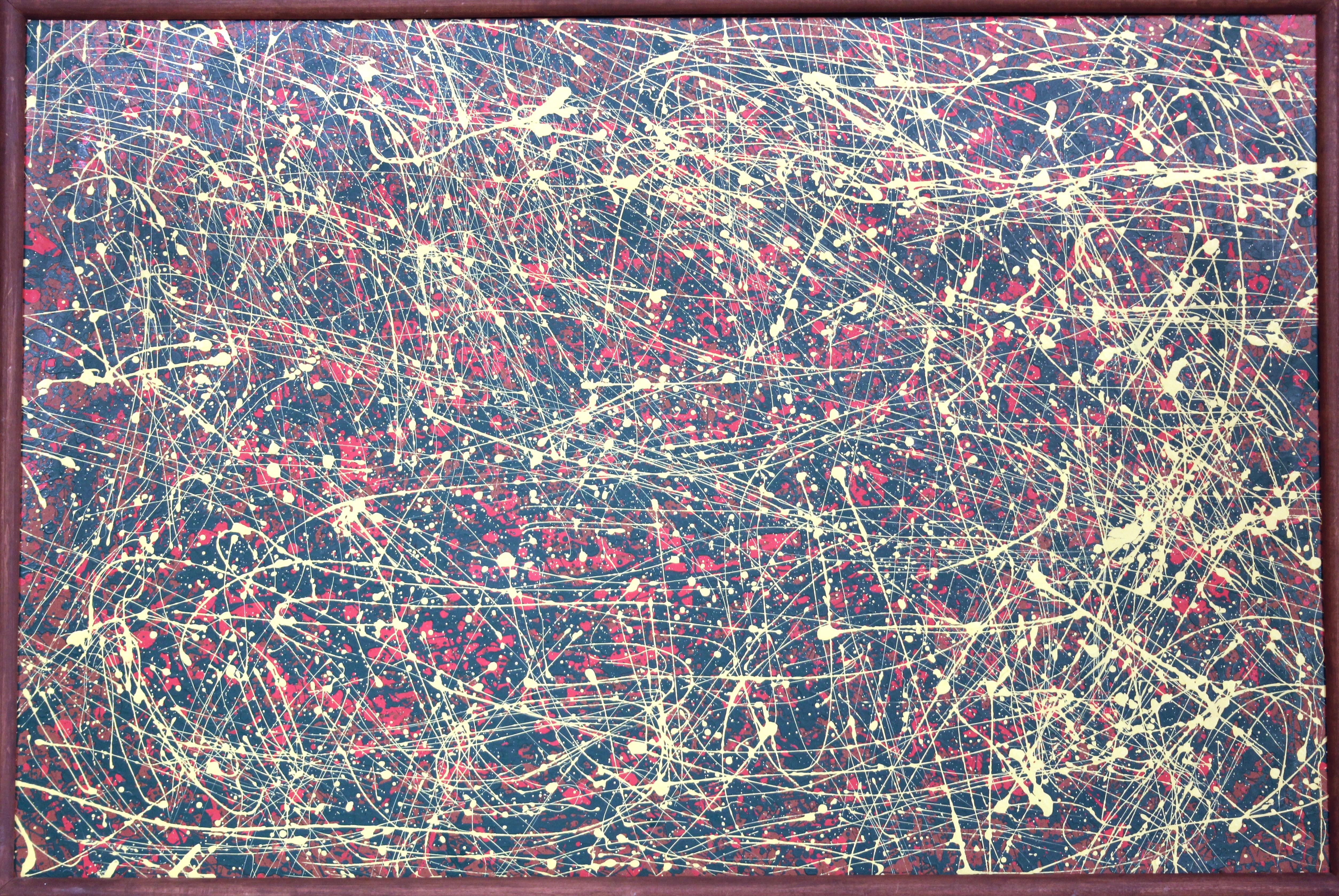 Vintage Splatter Ölgemälde Masonit Abstrakt Modernist gerahmt Groß 25x37, Vintage (Expressionismus) im Angebot