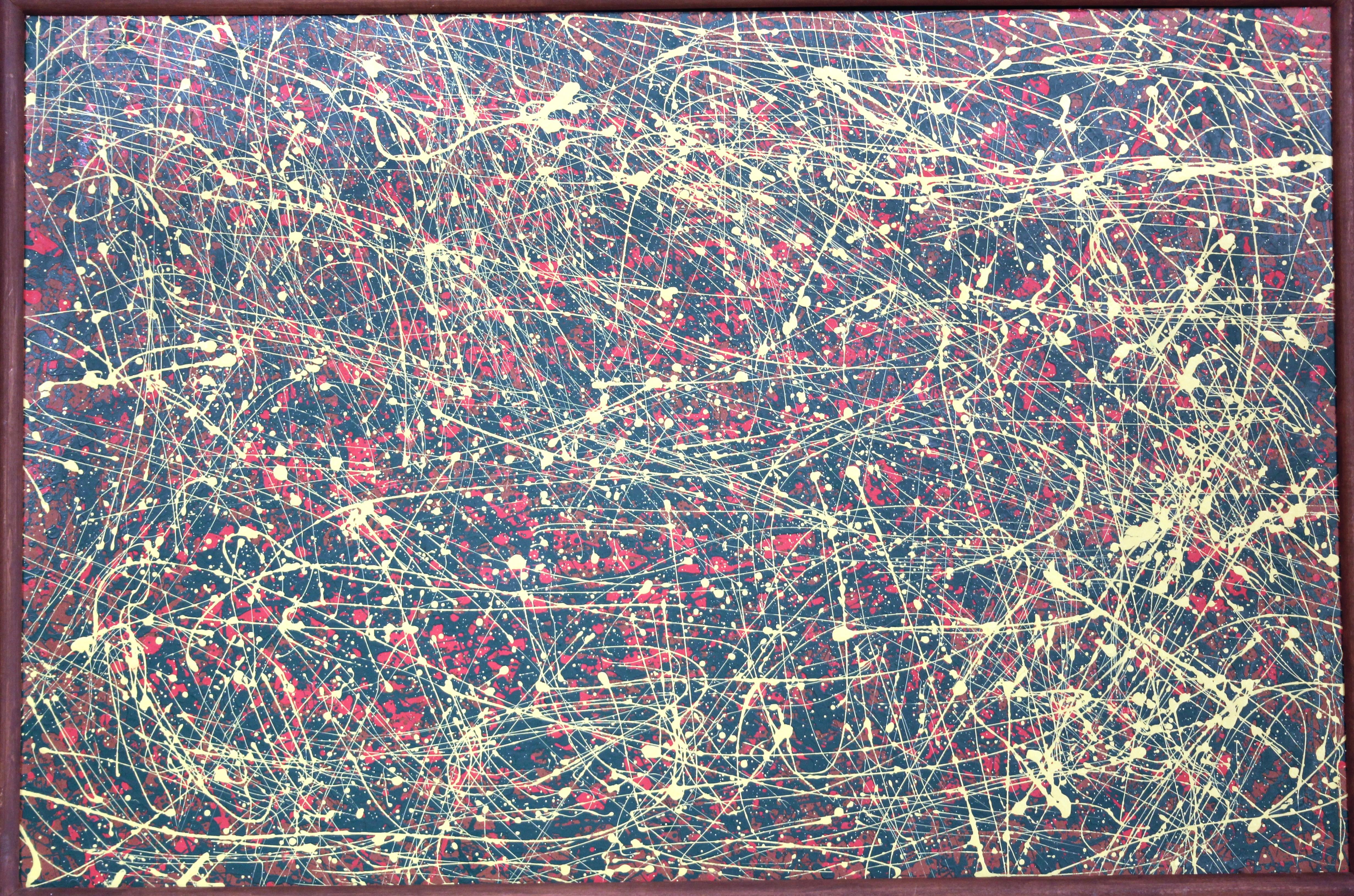 Vintage Splatter Ölgemälde Masonit Abstrakt Modernist gerahmt Groß 25x37, Vintage (amerikanisch) im Angebot