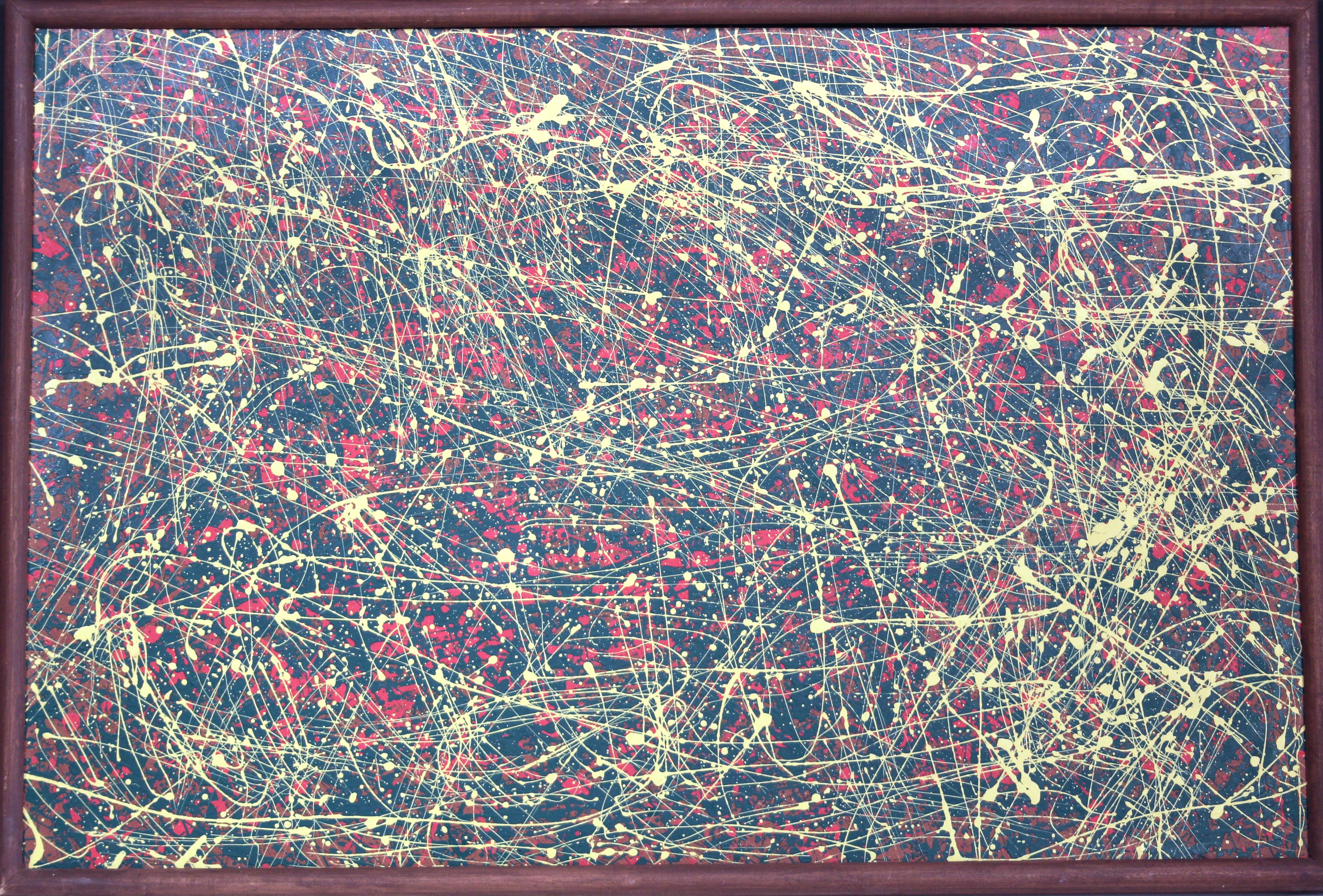 Vintage Splatter Ölgemälde Masonit Abstrakt Modernist gerahmt Groß 25x37, Vintage (Gemalt) im Angebot