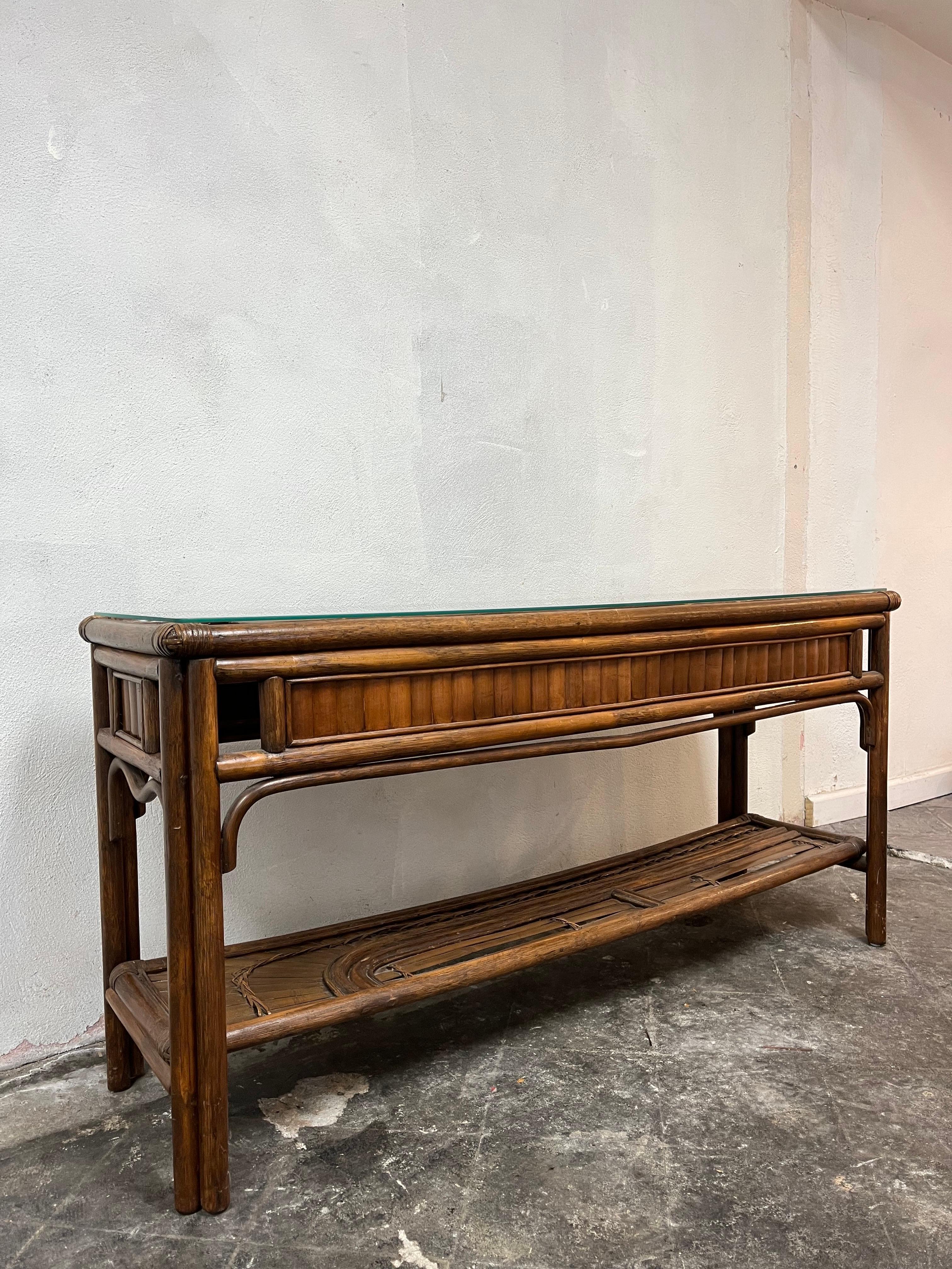 Vintage Split Bamboo Console Sofa Table style of Rising Sun  For Sale 1