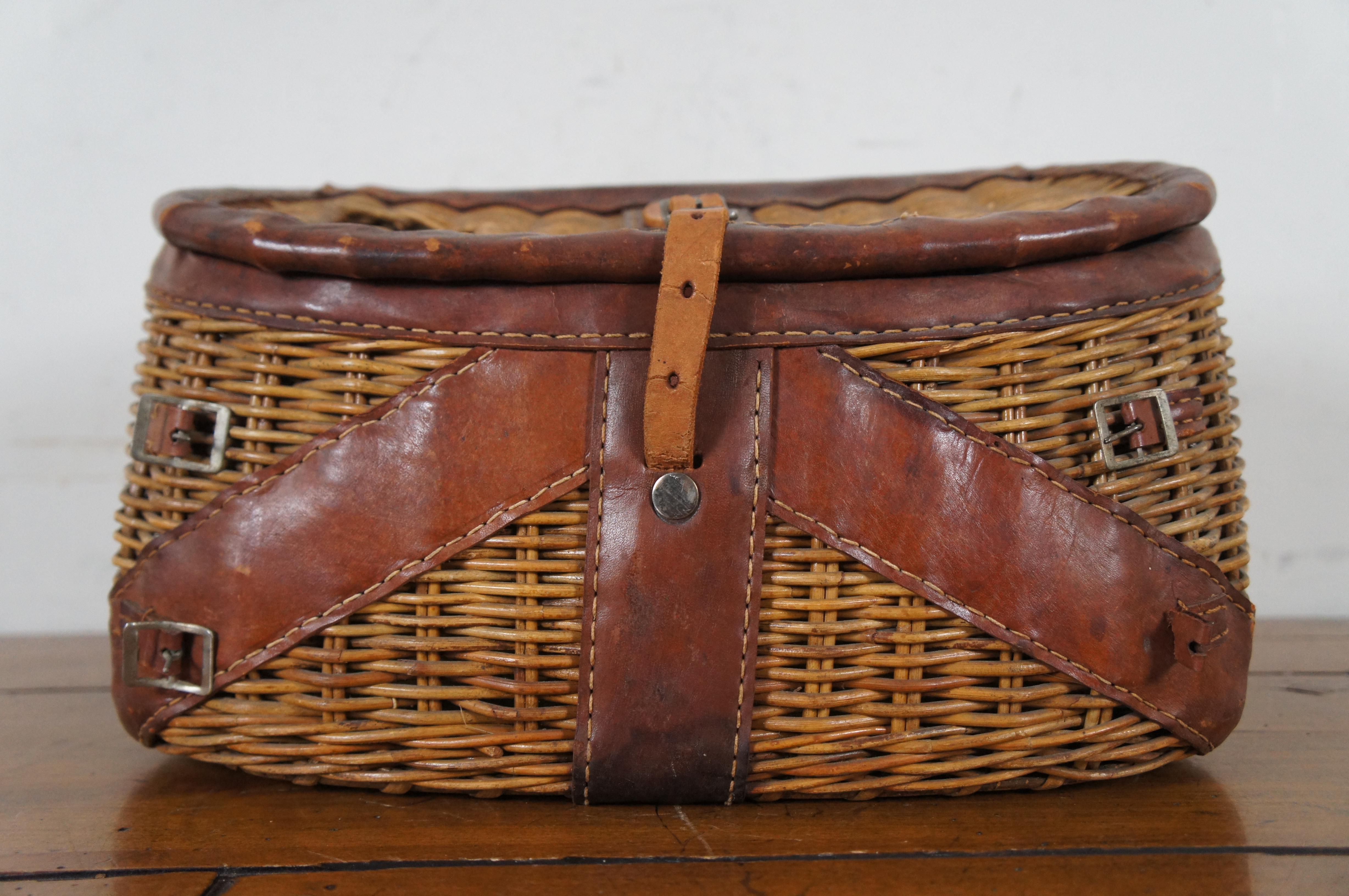 20th Century Vintage Split Bamboo & Leather Montana Fly Fishing Creel Basket Adirondack 15
