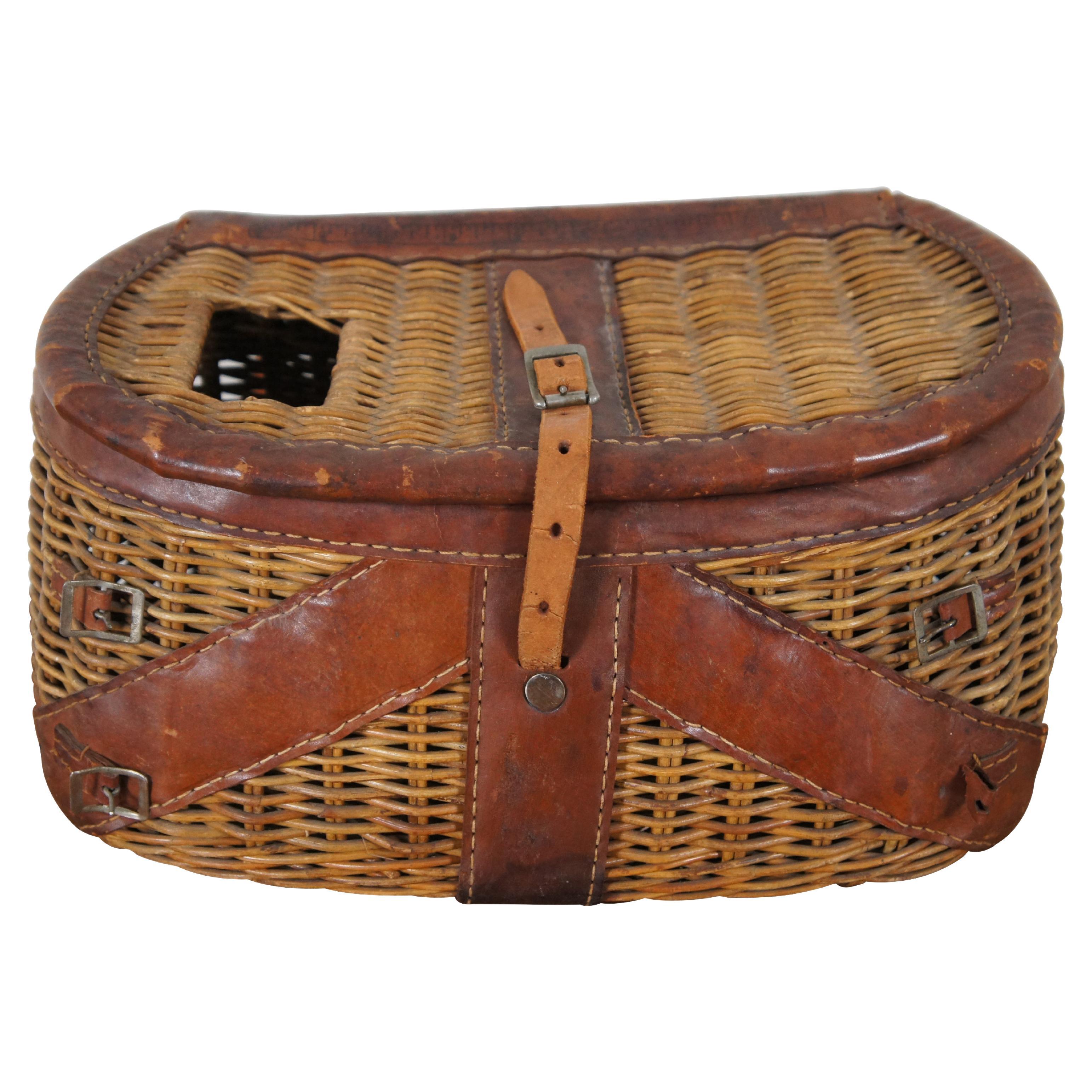 Vintage Split Bamboo & Leather Montana Fly Fishing Creel Basket Adirondack 15"