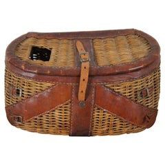 Antique Split Bamboo & Leather Montana Fly Fishing Creel Basket Adirondack 15"