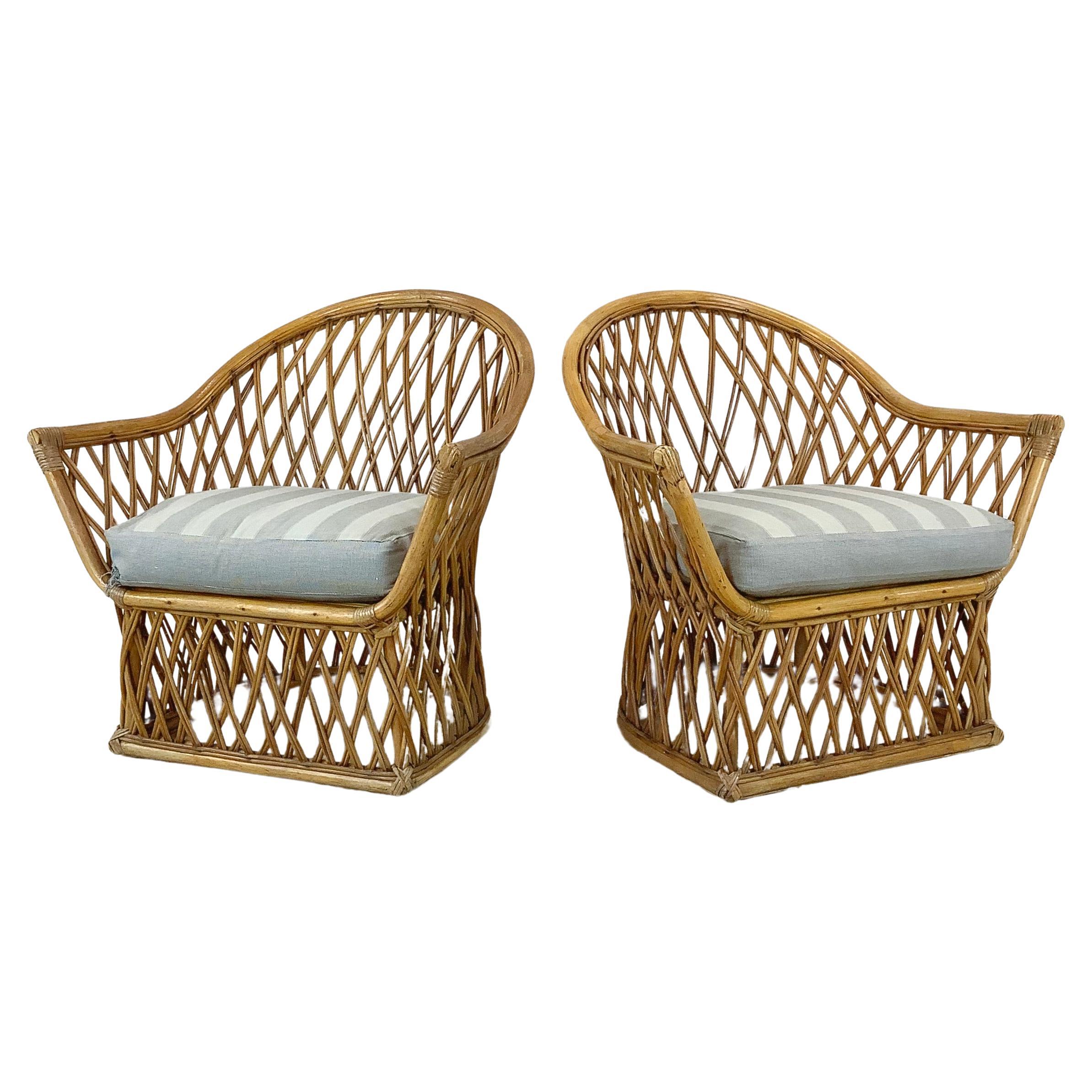 Vintage Split Reed Accent Chairs - Boho Coastal Pair