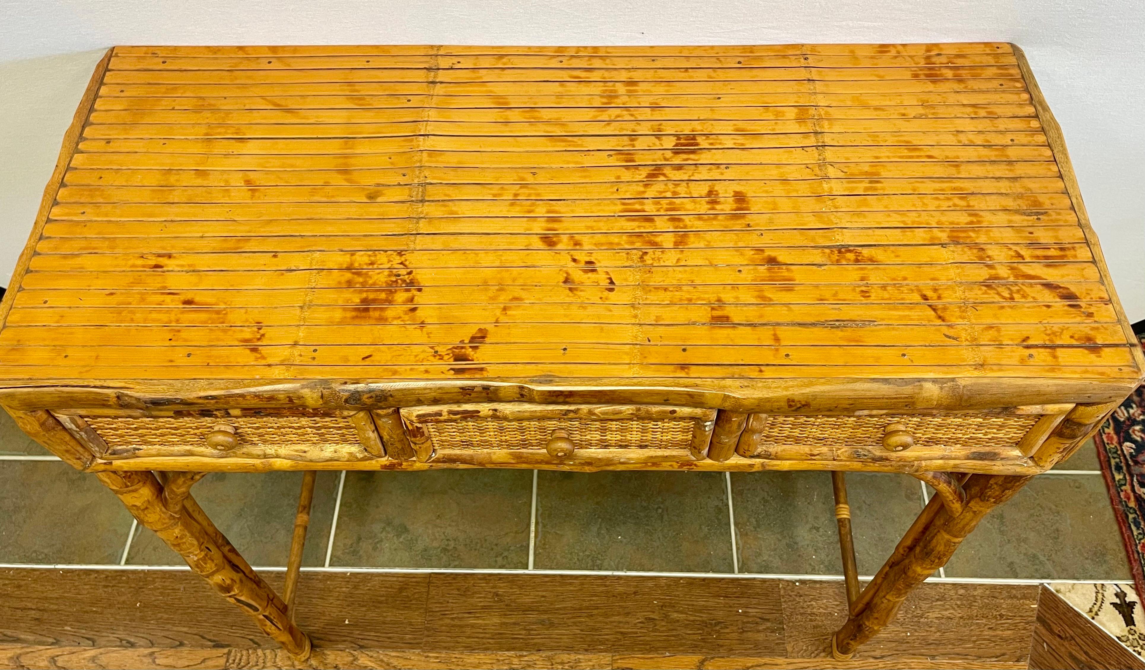 Mid-Century Modern Vintage Split Reed Bamboo and Cane Console Table