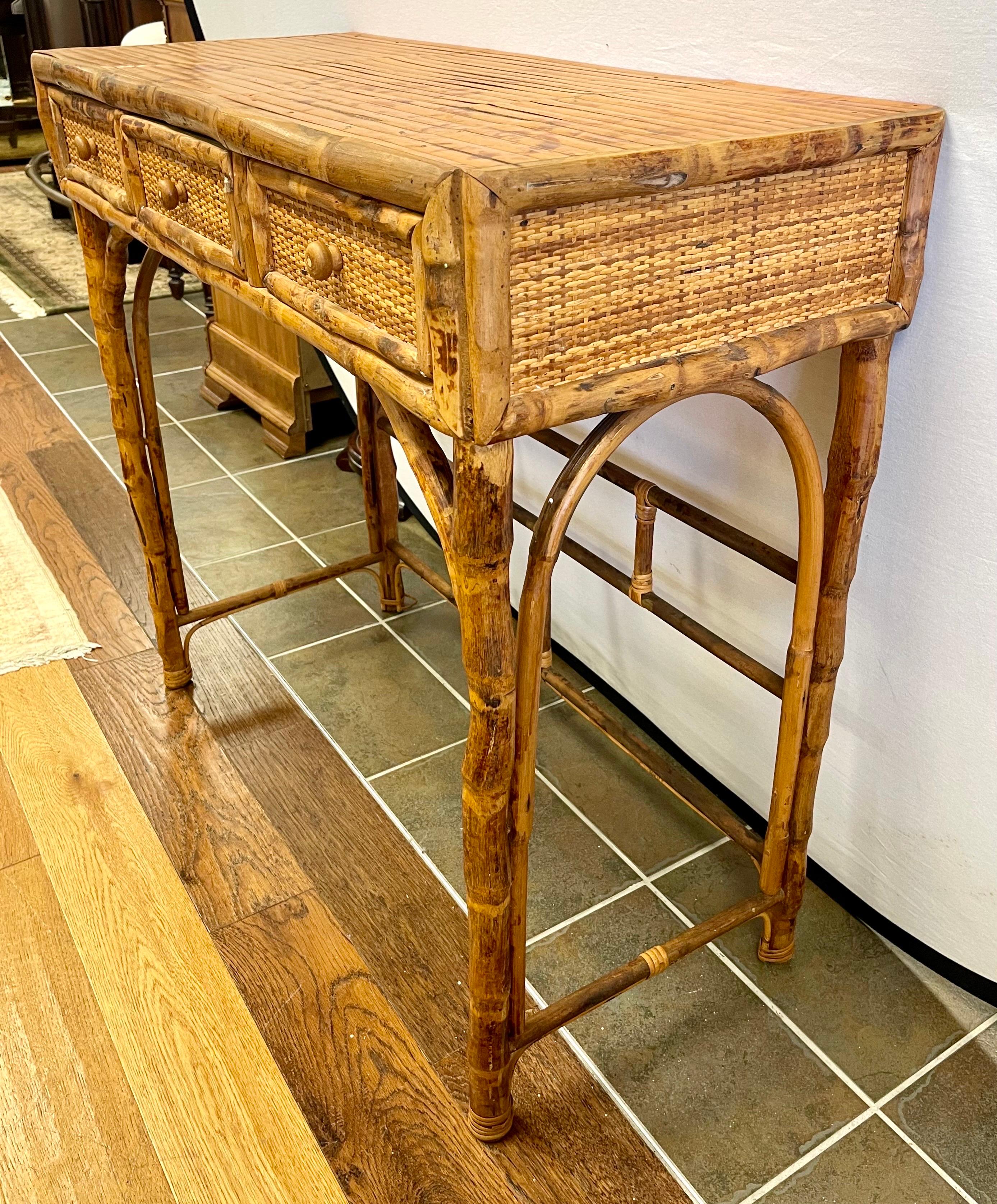 American Vintage Split Reed Bamboo and Cane Console Table