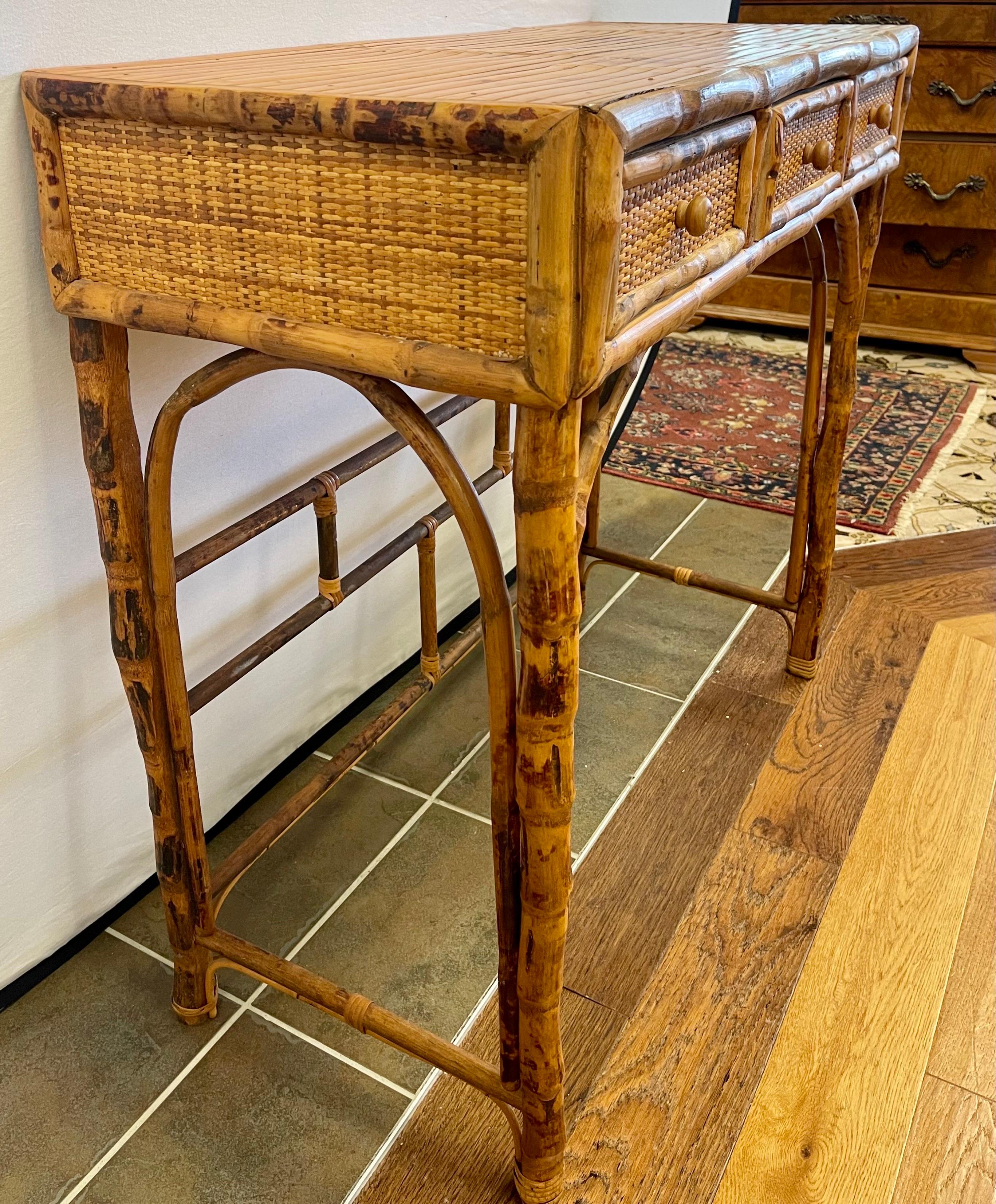Vintage Split Reed Bamboo and Cane Console Table In Good Condition In West Hartford, CT