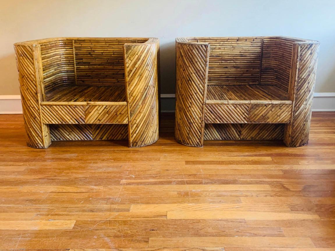 Philippine Vintage Split-Reed Bamboo Club Chairs, a Pair