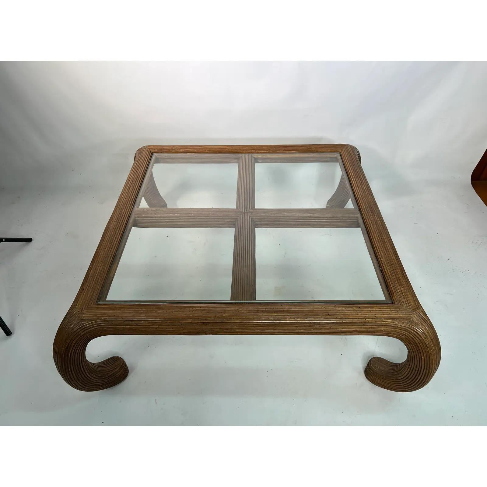 Vintage split reed rattan chow leg coffee table.