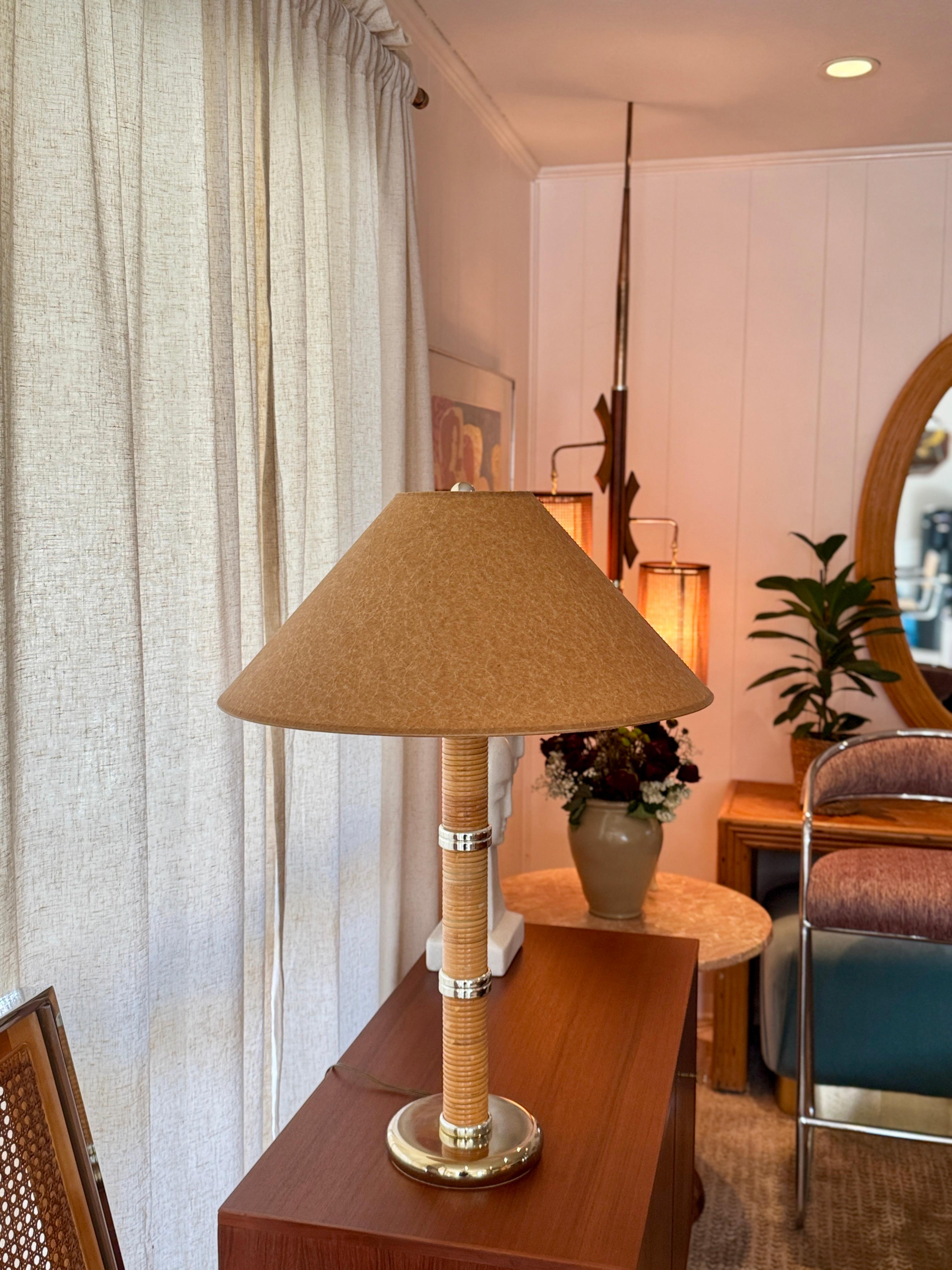 Vintage split reed wrapped column table lamp, circa 1970s 2