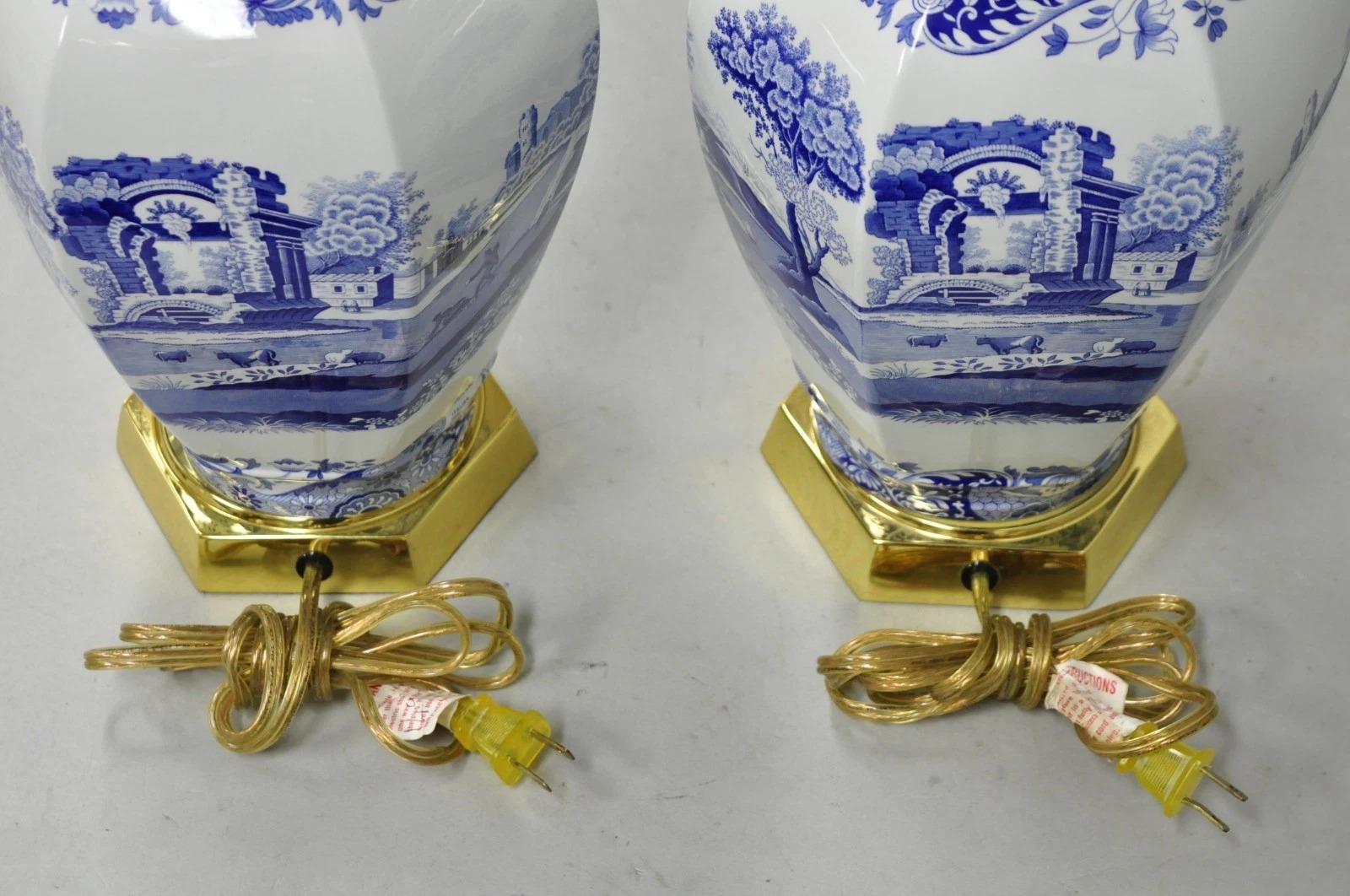 Vintage Spode Chinoiserie French Blue White Porcelain Ginger Jar Table Lamp Pair For Sale 5
