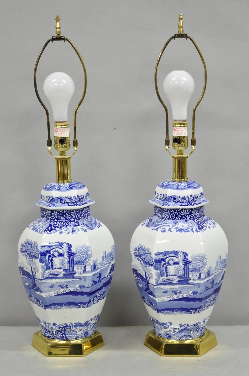 Vintage Spode Chinoiserie French Blue White Porcelain Ginger Jar Table Lamp Pair For Sale 7