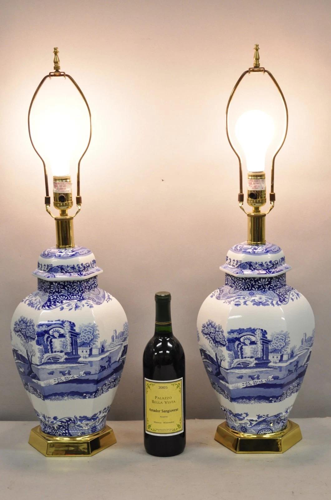Vintage Spode Chinoiserie French Blue & White Porcelain Ginger Jar Table Lamps - a Pair. Circa Late 20th Century. Measurements: 29