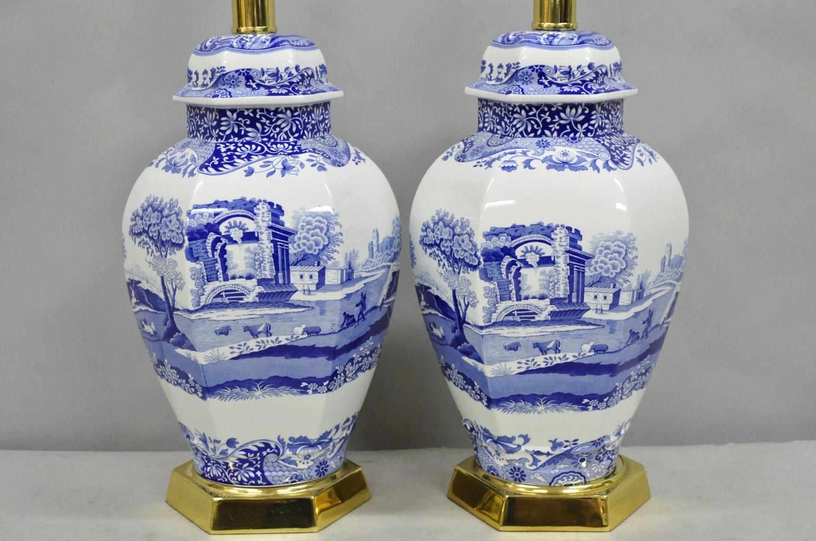 Unknown Vintage Spode Chinoiserie French Blue White Porcelain Ginger Jar Table Lamp Pair For Sale