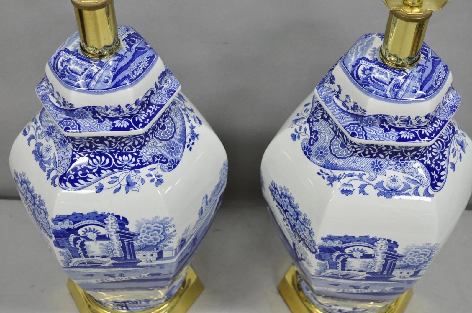 20th Century Vintage Spode Chinoiserie French Blue White Porcelain Ginger Jar Table Lamp Pair For Sale