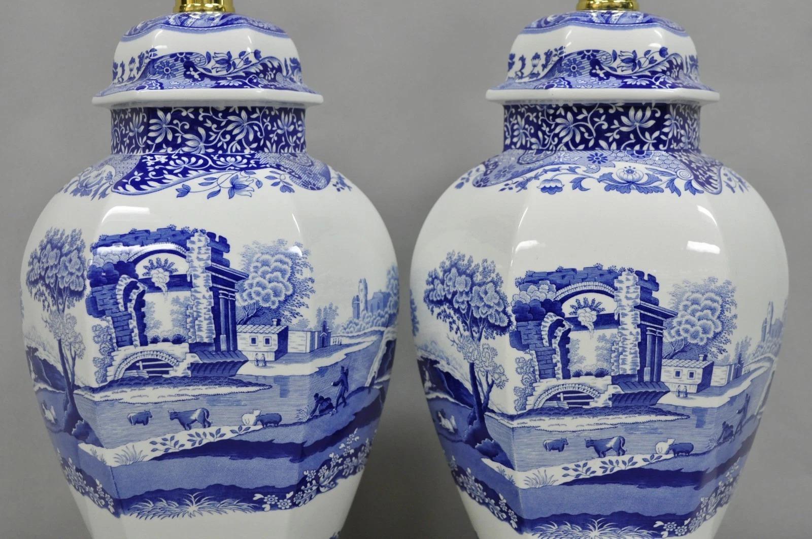 Vintage Spode Chinoiserie French Blue White Porcelain Ginger Jar Table Lamp Pair For Sale 1