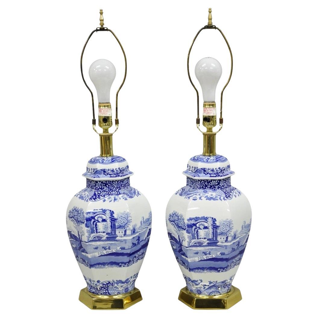 Vintage Spode Chinoiserie French Blue White Porcelain Ginger Jar Table Lamp Pair For Sale