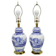 Vintage Spode Chinoiserie French Blue White Porcelain Ginger Jar Table Lamp Pair
