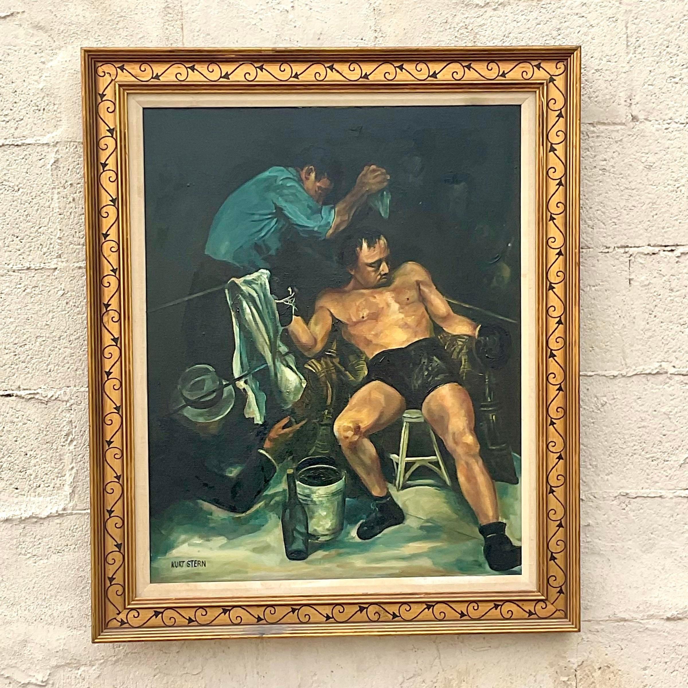 Vintage Sport Figurative Signed Oil Painting on Canvas In Good Condition For Sale In west palm beach, FL