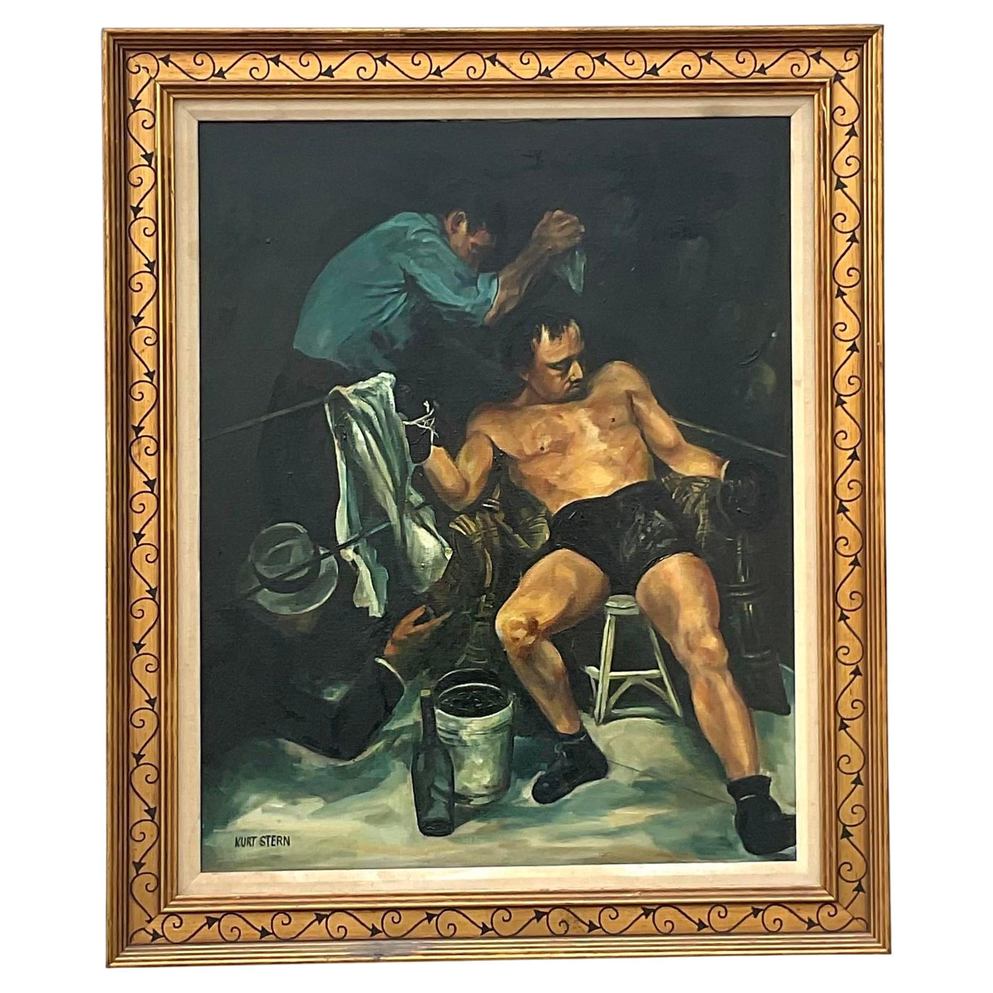 Vintage Sport Figurative Signed Oil Painting on Canvas For Sale