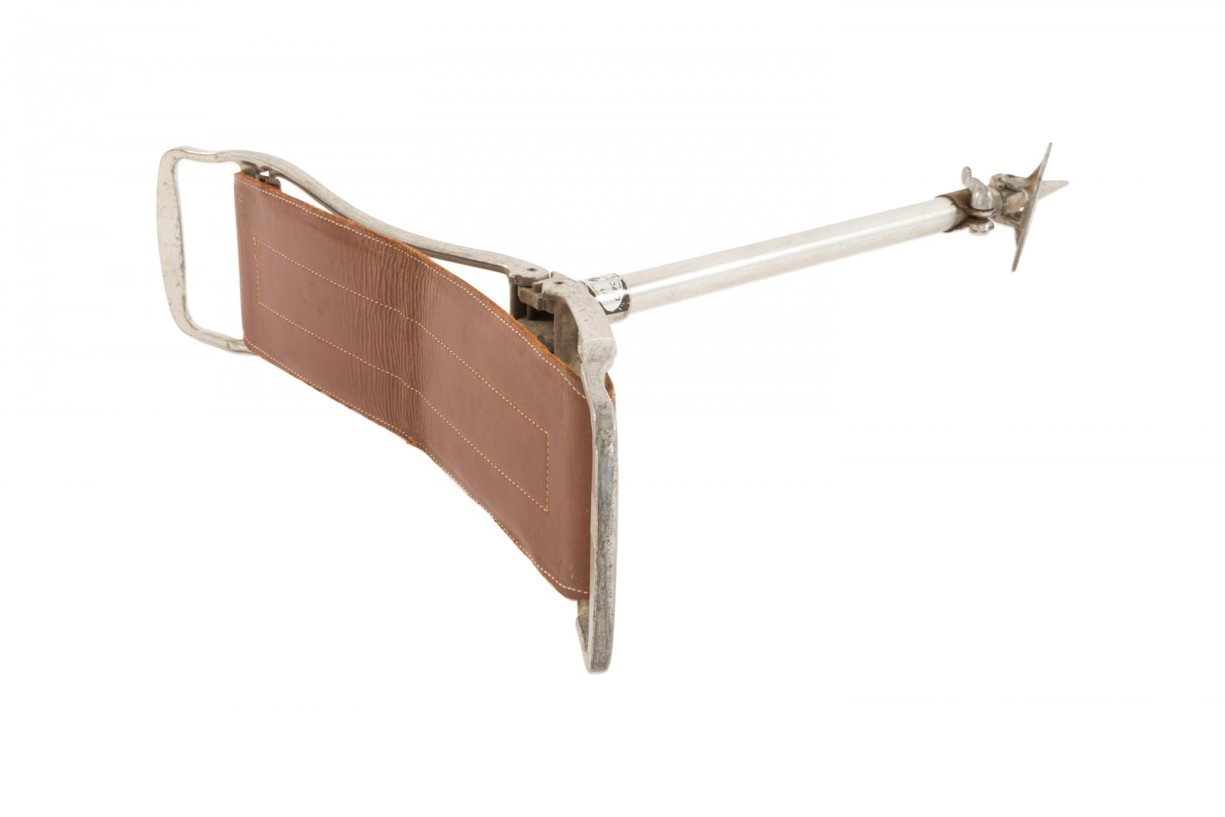 2 Vintage (campaign) sports spectator seat with brown leather seat strap and silver metal pole support and ground spike with pivoting metal stop (PRICED EACH)