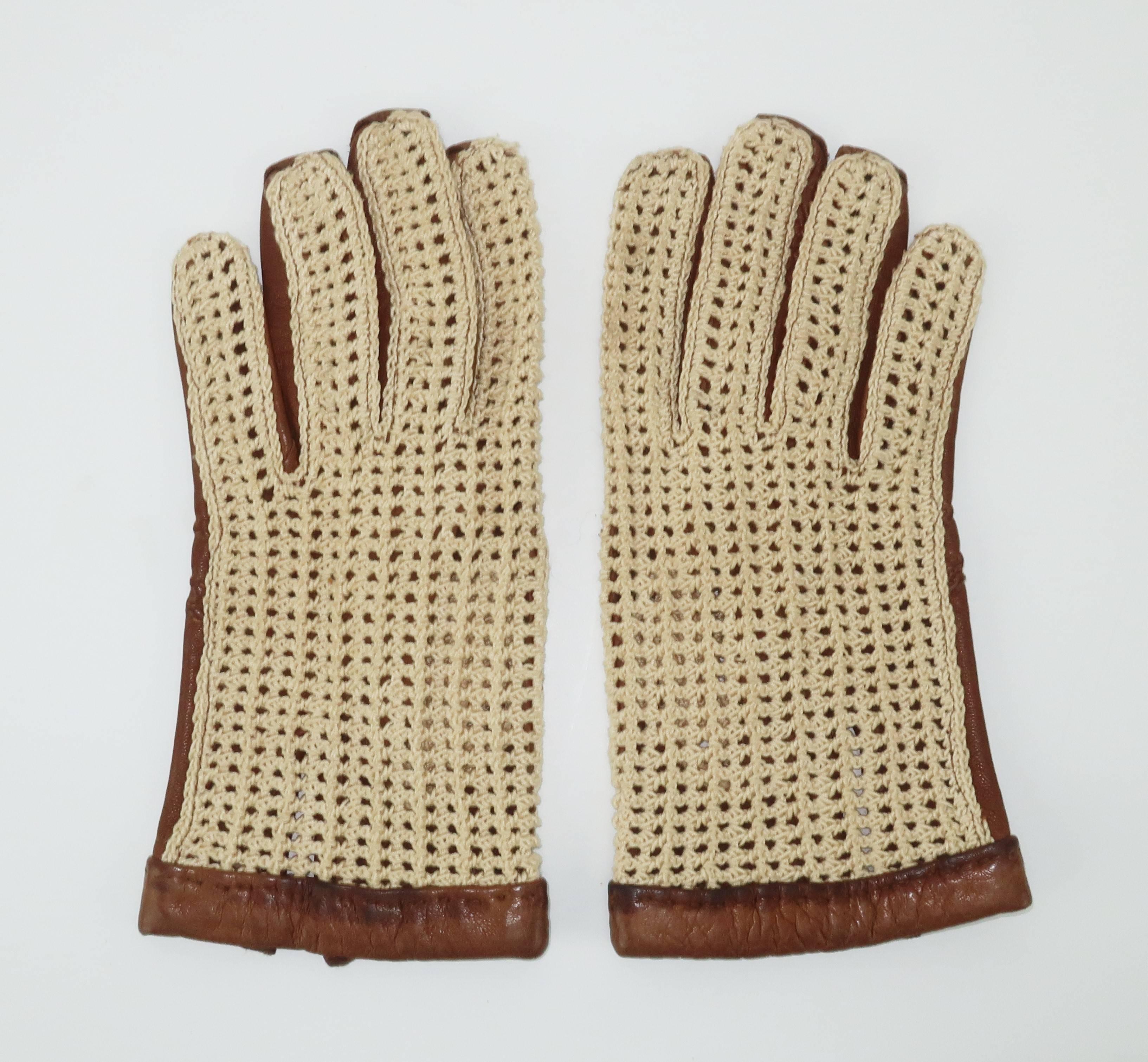 These two tone leather and crochet knit gloves are a fashionable fix for a sporty warm weather look.  The cognac color leather is stitched on the palm side to provide traction for gripping and the natural wheat color knit has an open weave for