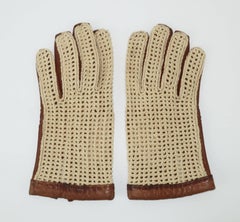 Vintage Sporty Cognac Leather & Crochet Gloves