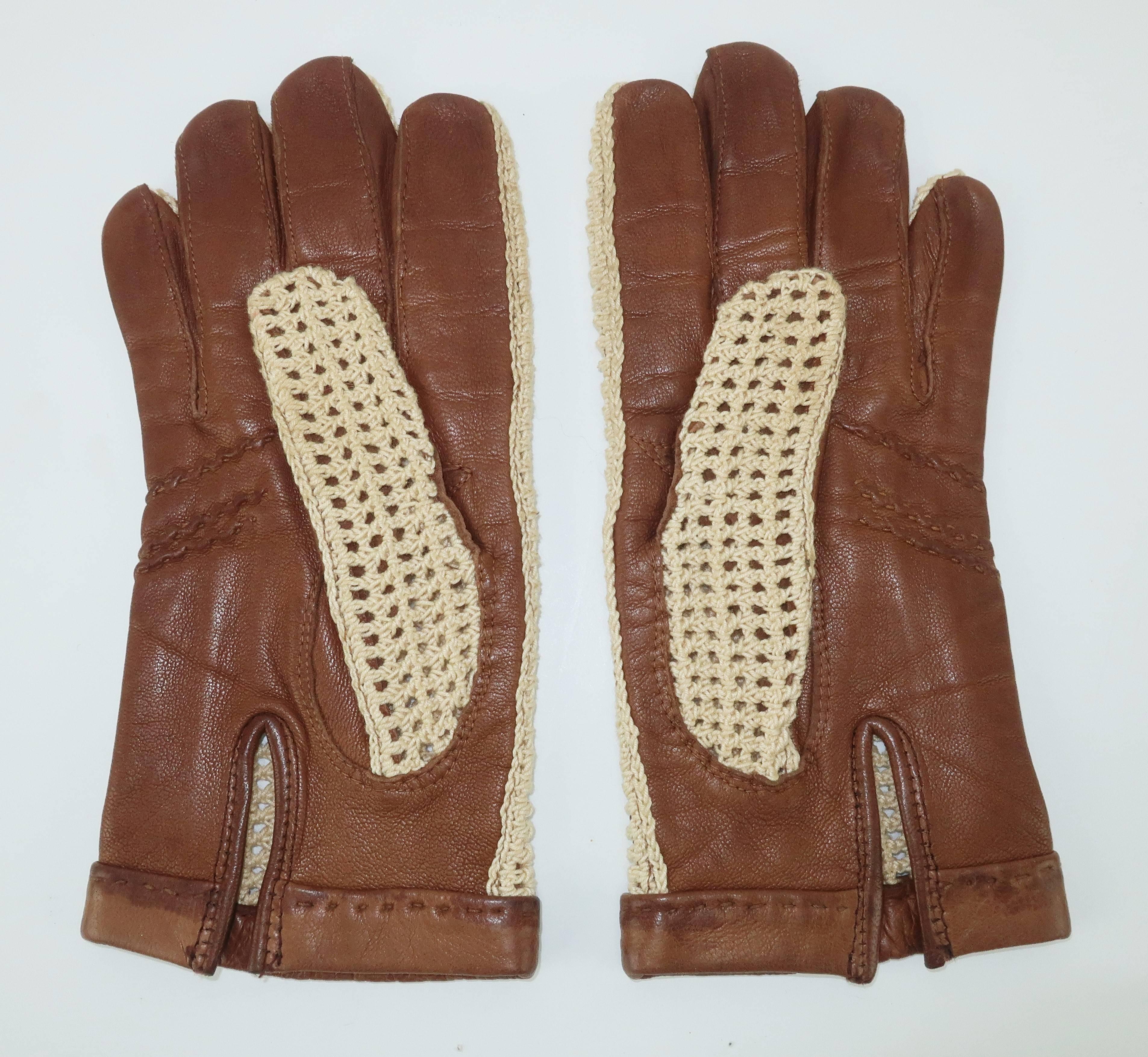 Brown Vintage Sporty Cognac Leather & Crochet Gloves