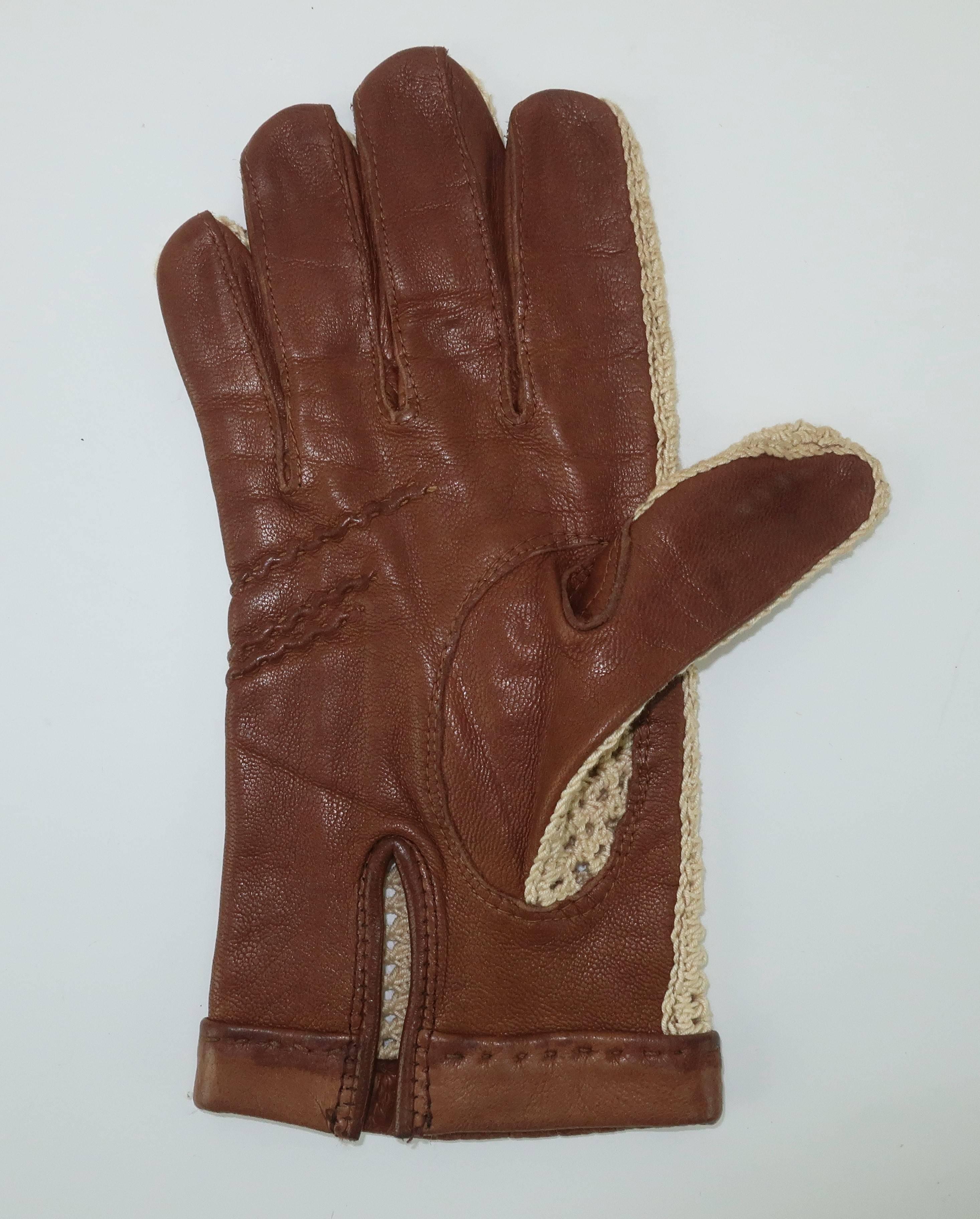 Women's Vintage Sporty Cognac Leather & Crochet Gloves